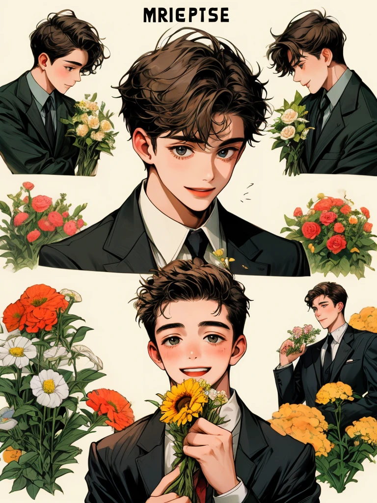 masterpiece, collage of teenage boy holding flowers, happy