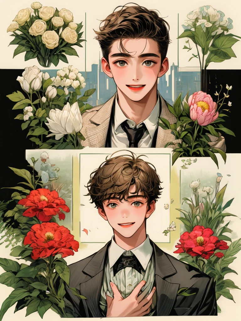 masterpiece, collage of teenage boy holding flowers, happy