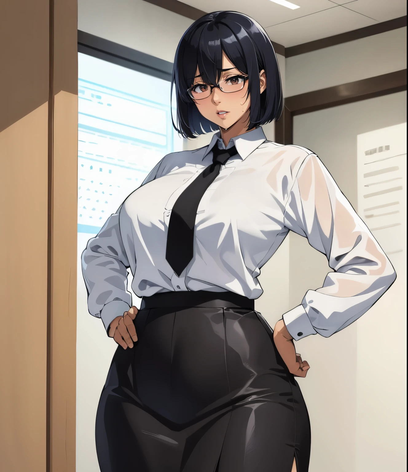 (In town)、Super detailed illustrations、Super precise expression、masterpiece、highest quality、ultra high resolution、high resolution、(Sweat、body fluid)、shiny skin、(black hair、short cut hair、glasses)、shirt、Standing picture、skirt、Hands behind your hips、