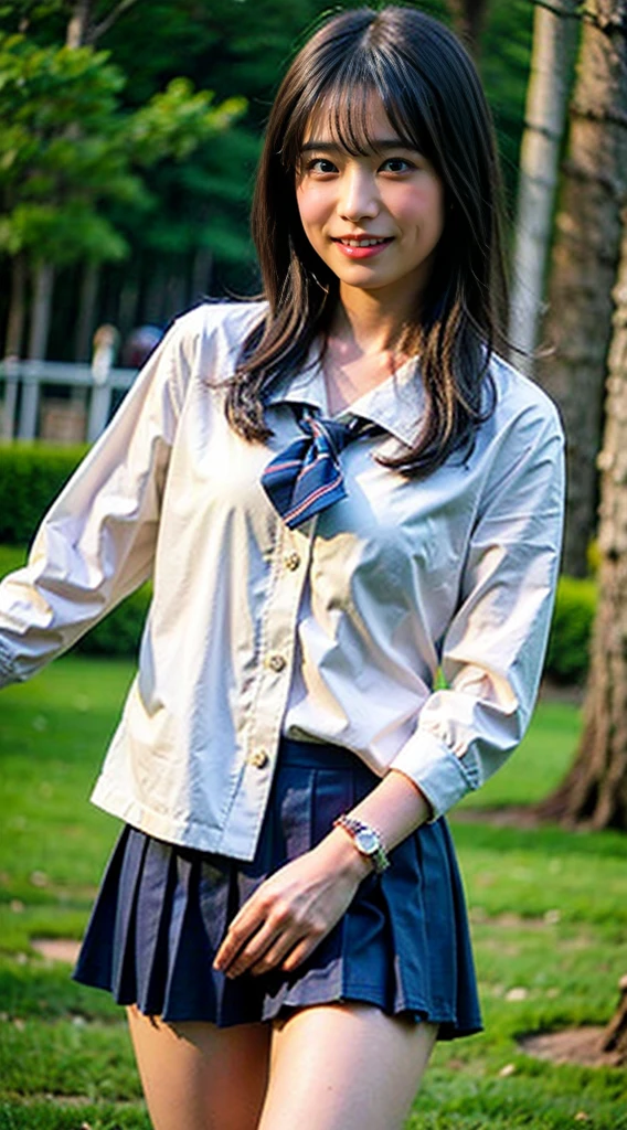 (8K、RAW photo、highest quality、masterpiece:1.2)、(realistic、Photoreal)、40 years、1 girl、I have a mole next to my eye、((White shirt with long sleeves、sailor suit、red tie、Below-the-knee length navy pleated skirt))、（high school girl）、The skirt is rolled up、gal、lots of eyelashes、glitter on eyelids、Dark Red Knee-High Socks、Skeletally correct、thighs open、wavy twintails、cute smile、sweaty body、attractive body beautiful perfect body、V-line emphasis、put your hands behind your head、Beautifully aligned fingertips、