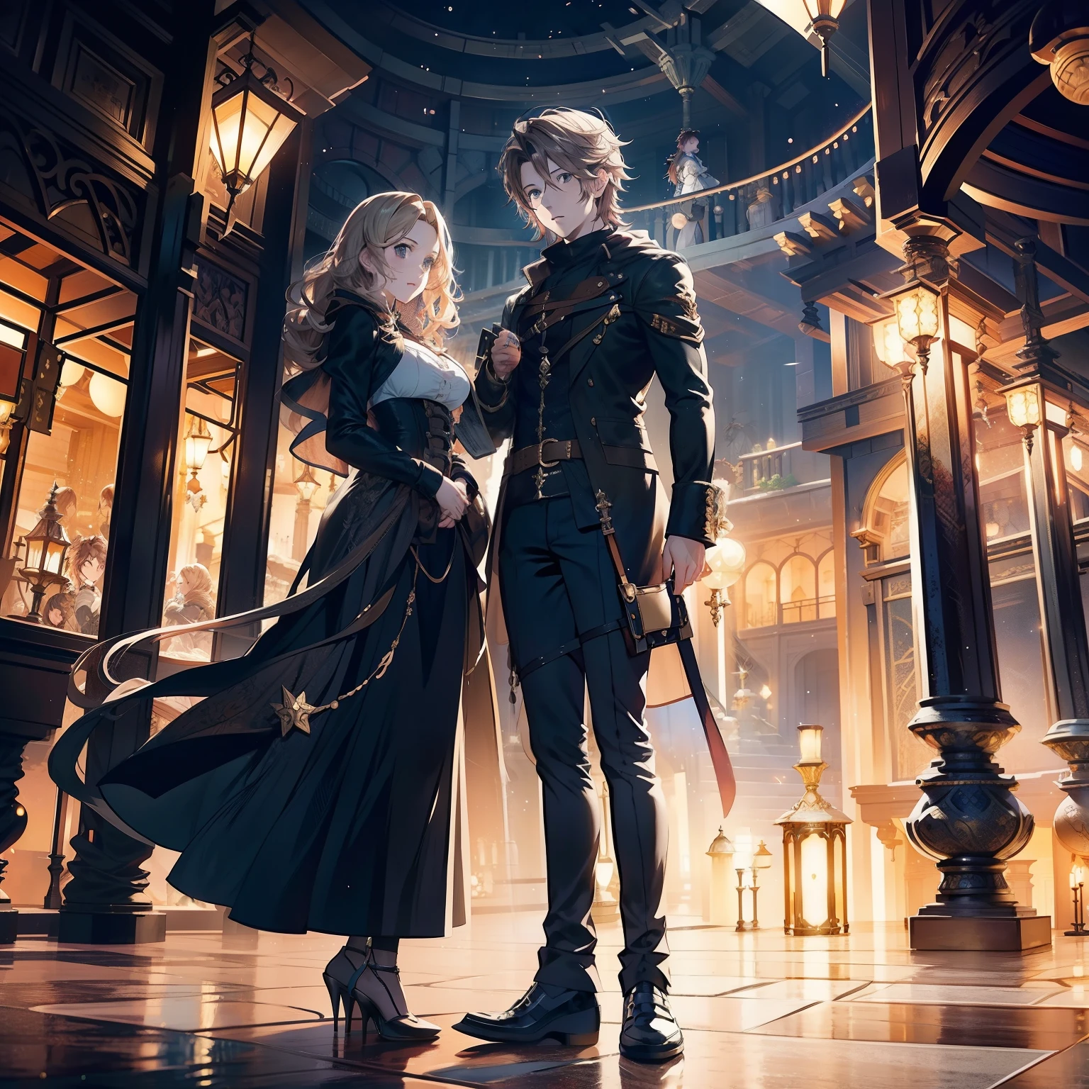 a couple of anime characters standing next to each other, octopath traveler, romance book cover, boris valejo. octopath traveler, octopath traveller style, hands holding big glowing orbs, artbook artwork, full art illustration, official art, official artwork hdr, promotional art, character album cover, light novel cover art, official artwork, romance novel cover