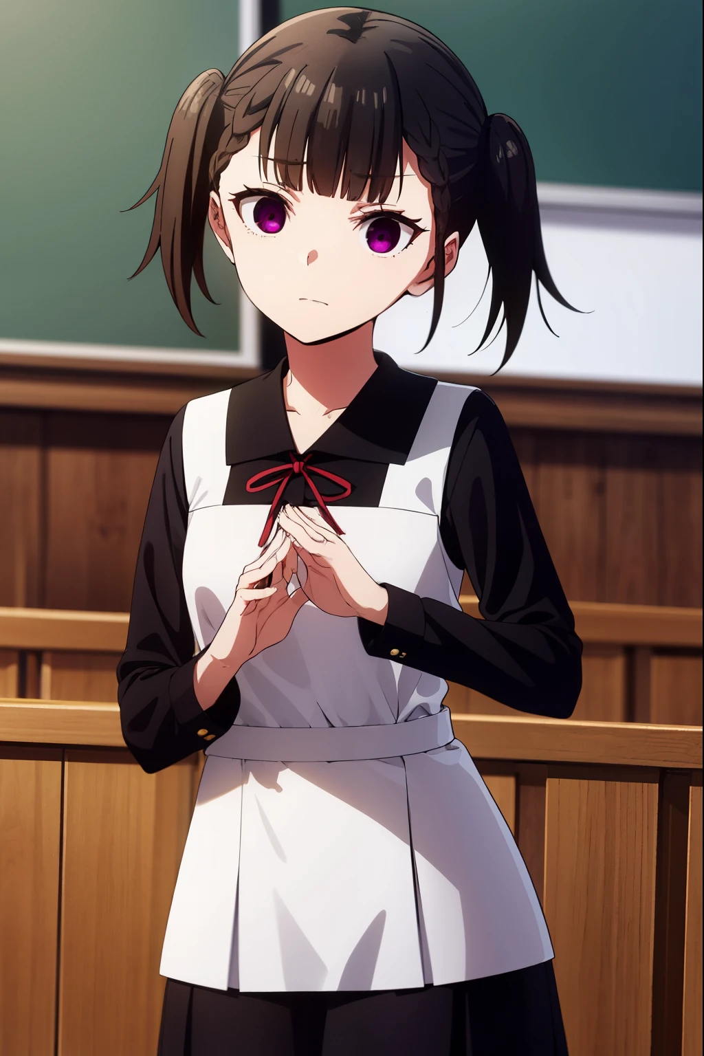 makishijou, maki shijou, bangs, blunt bangs, (purple eyes:1.1), twintails, two side up, braid, short twintails,
BREAK long sleeves, dress, ribbon, school uniform, black dress, red ribbon, neck ribbon, collared dress, shuuchiin academy school uniform,
BREAK indoors, classroom,
BREAK looking at viewer, (cowboy shot:1.5),
BREAK (masterpiece:1.2), best quality, high resolution, unity 8k wallpaper, (illustration:0.8), (beautiful detailed eyes:1.6), extremely detailed face, perfect lighting, extremely detailed CG, (perfect hands, perfect anatomy),