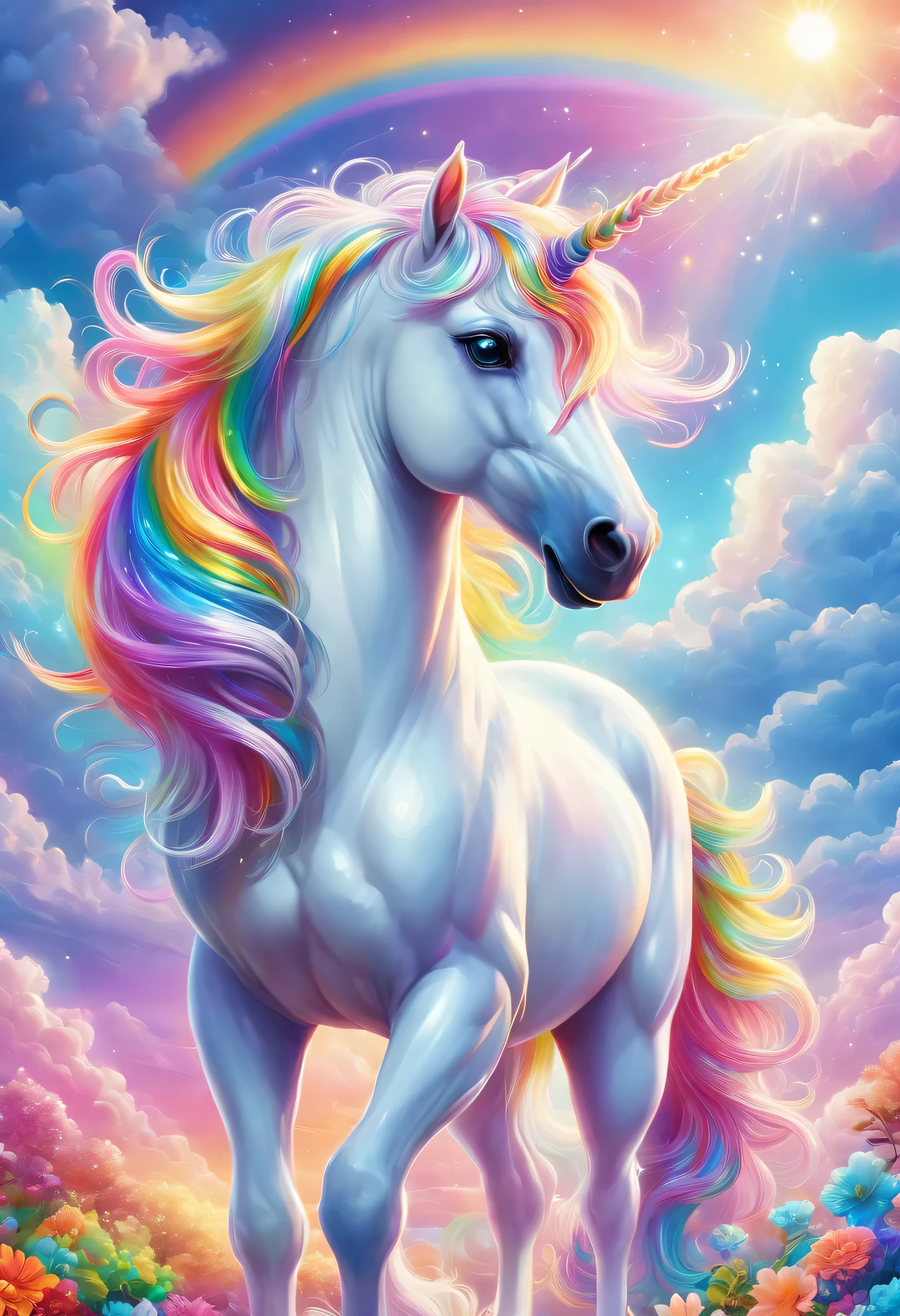 Dreamy sky，Distance，A beautiful unicorn walks among colorful clouds，Colored mane，hapiness，beautiful eyes，Beautiful rainbow，Colored castles。author：Lisa Frank, A masterpiece of bright light, Beautiful ornate digital art