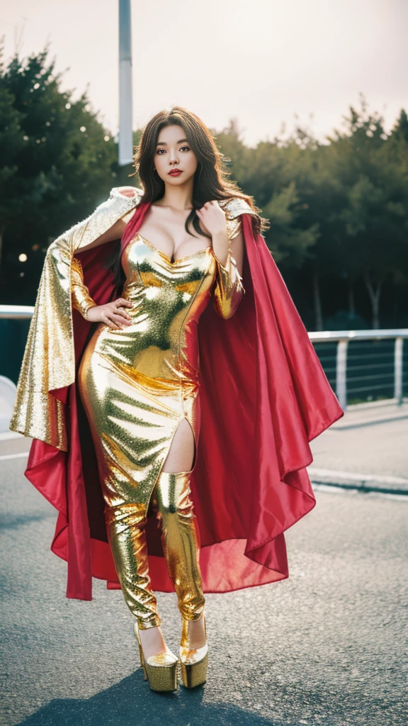 (UHD,16K,RAW photo, high quality:1.2, masterpiece:1.2),(Full Body:1.5),(cute face:1.2),(huge breasts:1.2),(shiny gold high heels:1.3), is a woman in a pink riding hood holding a red rose, wearing a beautiful pink cape, heart thief in the pink riding hood, little pink riding hood, fantasy character photo, character photography, portrait photo, High Quality Fantasy Stock Photo, fantasy photo shoot, fantasy photography,(Ultra-Wide Angle:1.2),(bokeh:1.2)