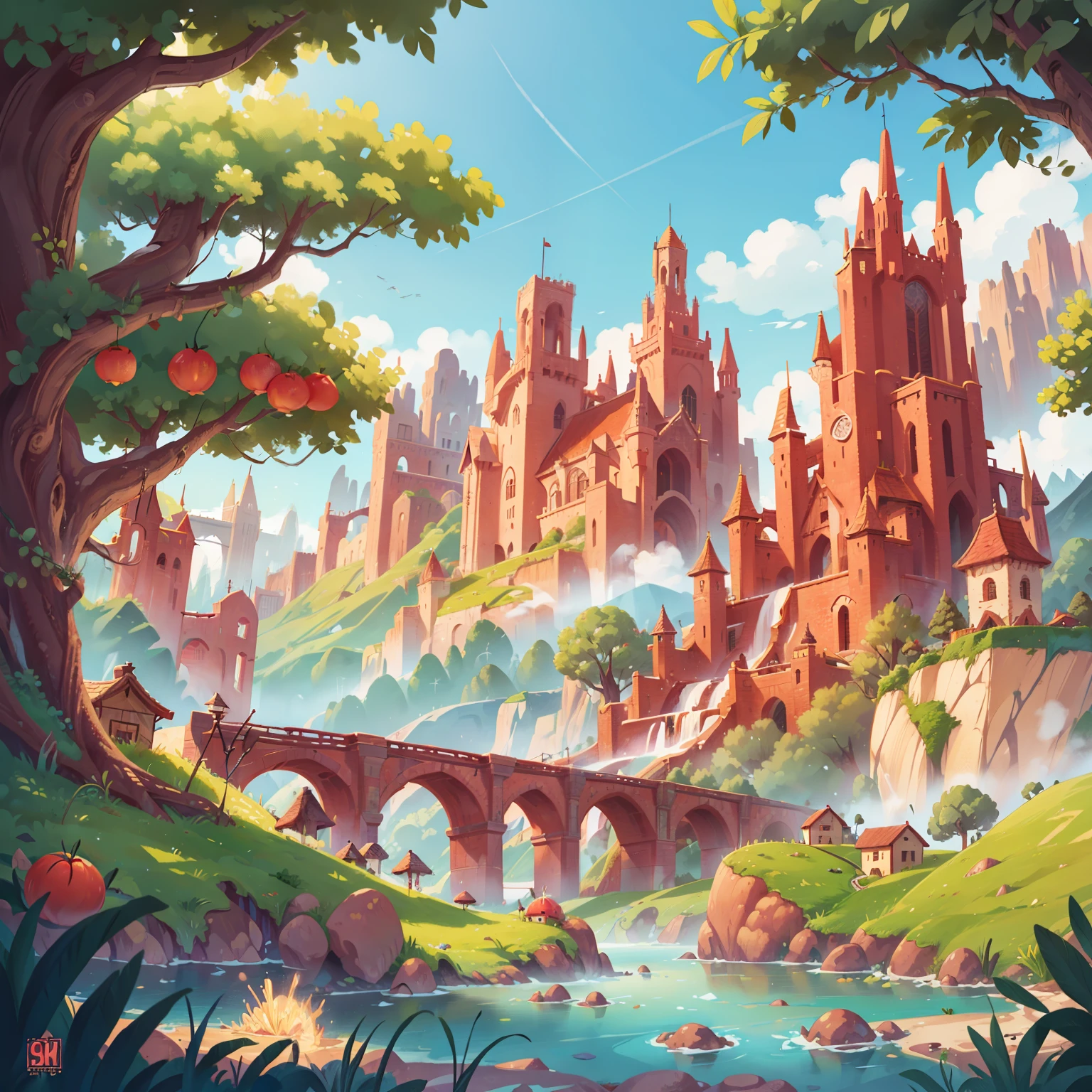 Fantasy landscape with a large river of reddish water, surrounded by mountains made of spaghetti with tomato. Trees are made of meatballs. Pintura digital. ultra sharp. ultra detallada