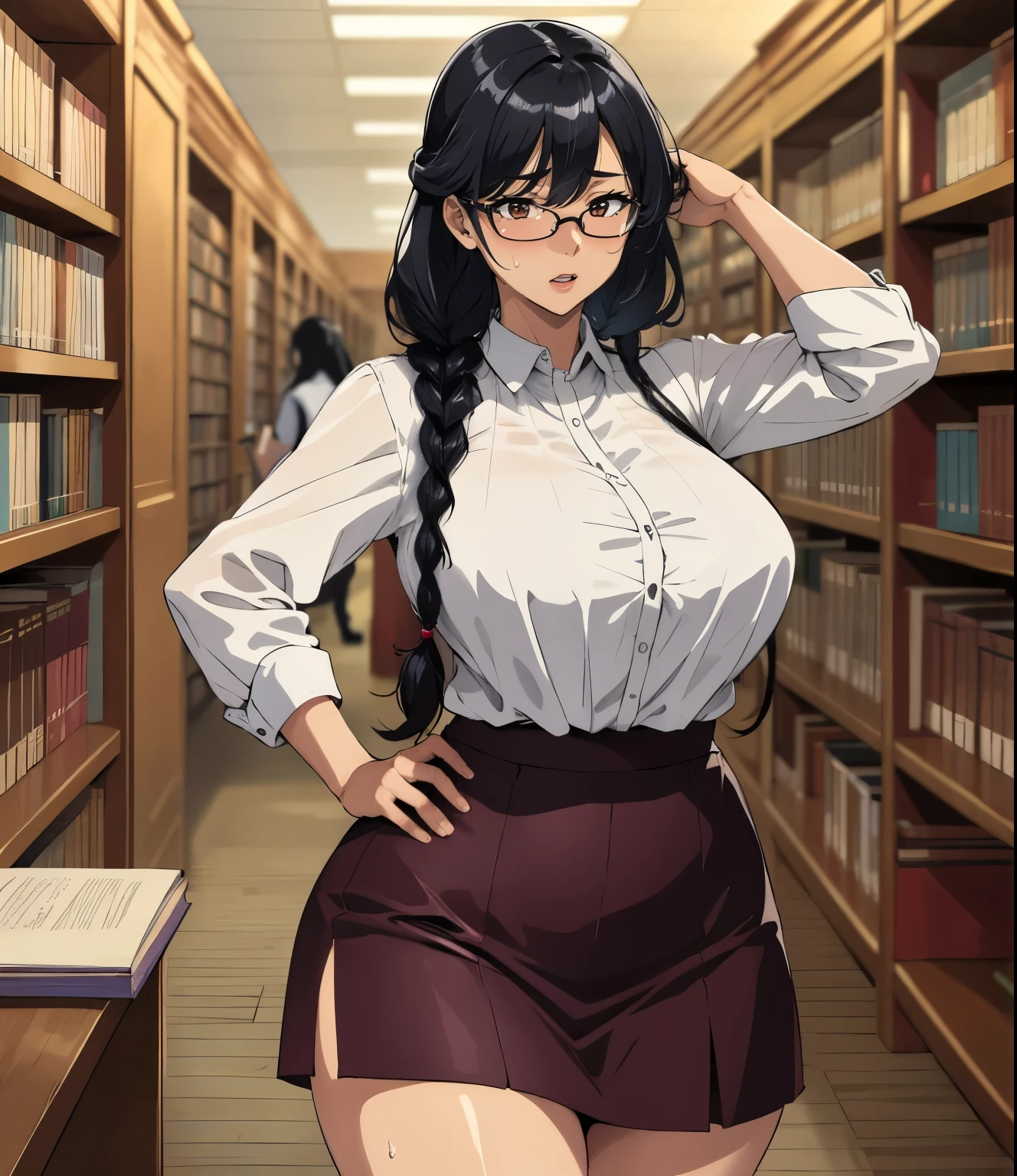 (library)、Super detailed illustrations、Super precise expression、masterpiece、highest quality、ultra high resolution、high resolution、(Sweat、body fluid)、shiny skin、(black hair、long hair、Braid、glasses)、shirt、Standing picture、skirt、Hands behind your hips、