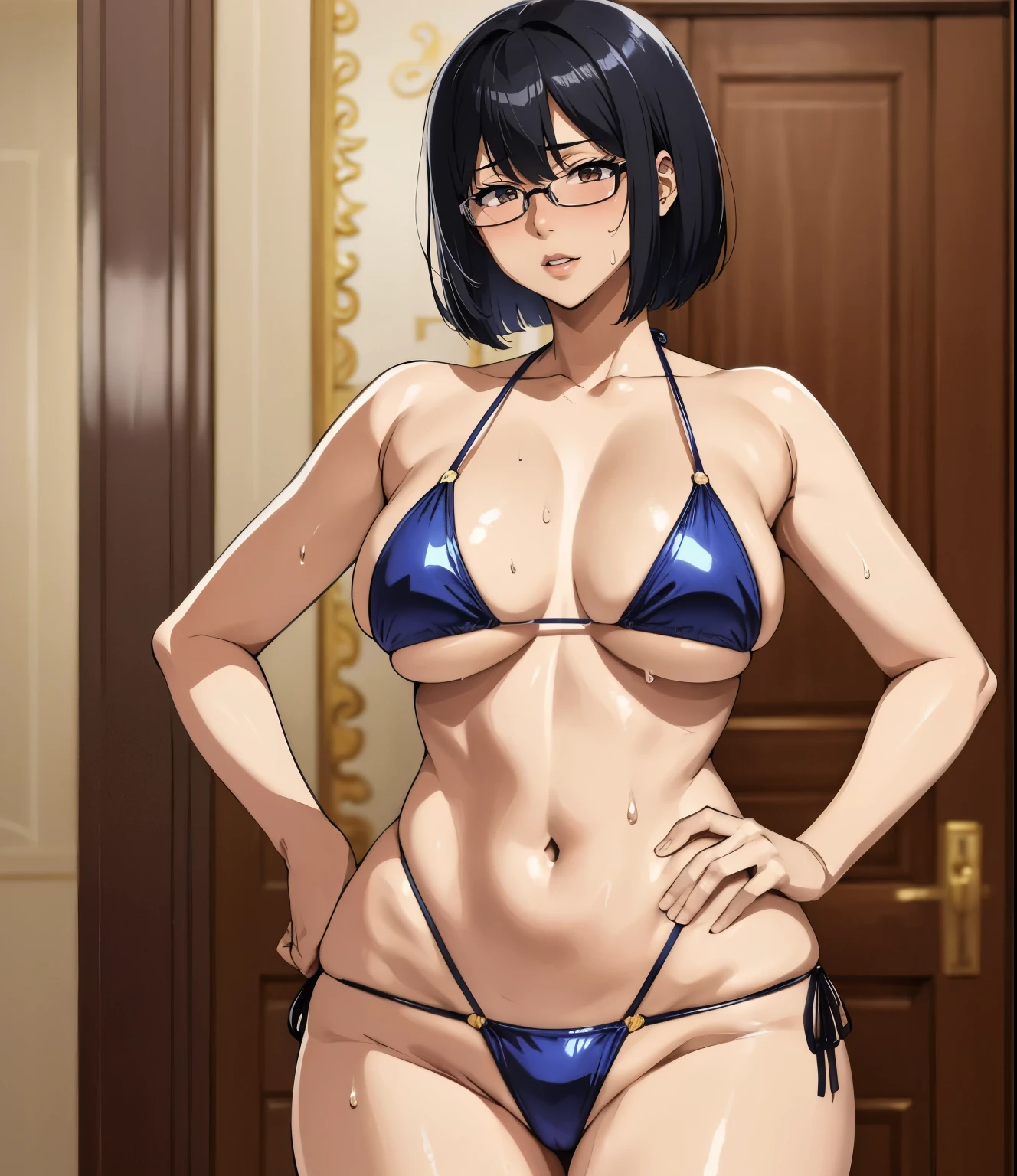 (Hotel)、Super detailed illustrations、Super precise expression、masterpiece、highest quality、ultra high resolution、high resolution、(Sweat、body fluid)、shiny skin、(black hair、short cut hair、glasses)、bikini、Standing picture、Hands behind your hips、