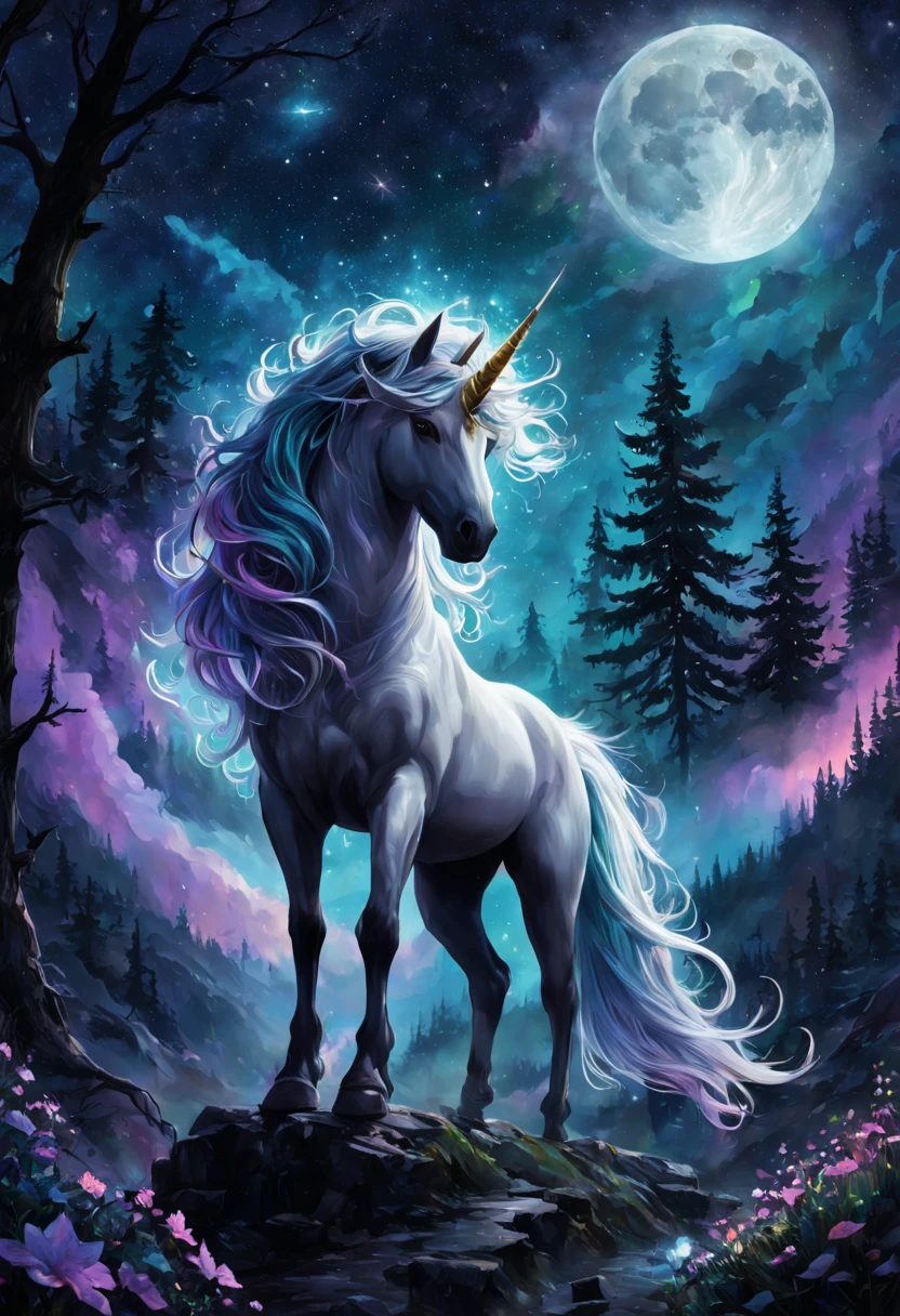 (best quality,4k,8k,highres,masterpiece:1.2),ultra-detailed,realistic:1.37,High Gothic Highly Detailed Multicolored Fantasy Unicorn under a Bright Starry Night,Mark Brooks and Dan Mumford,comic book art,perfect,smooth,flawless,exquisite,detailed line work,gold and silver foil accents,ornate patterns,delicate brush strokes,dynamic composition,dreamlike atmosphere,majestic horn and flowing mane,curved and majestic,ethereal glow,sparkling stars,dramatic lighting,glowing moon,nebulous clouds,nighttime aurora borealis,rich and vibrant colors,elegant and mesmerizing,impressive and captivating,jewel-toned palette,shadow and highlights,outer-worldly scene,enchanted forest,mystical and magical,unearthly beauty,otherworldly creature,stunning and celestial,transcendent and mythical