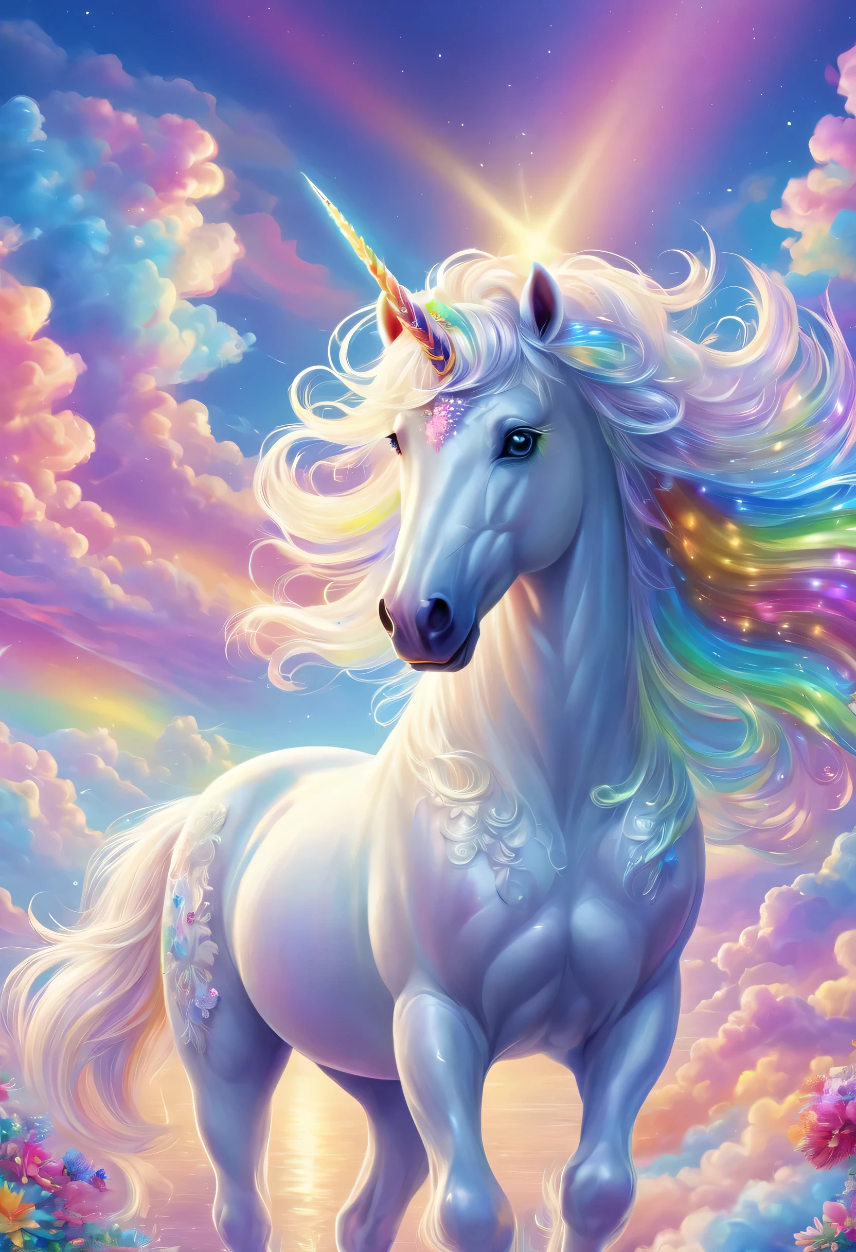 Dreamy sky，Distance，A beautiful unicorn walks among colorful clouds，Colored mane，hapiness，beautiful eyes，Beautiful rainbow，Colored castles。author：Lisa Frank, A masterpiece of bright light, Beautiful ornate digital art