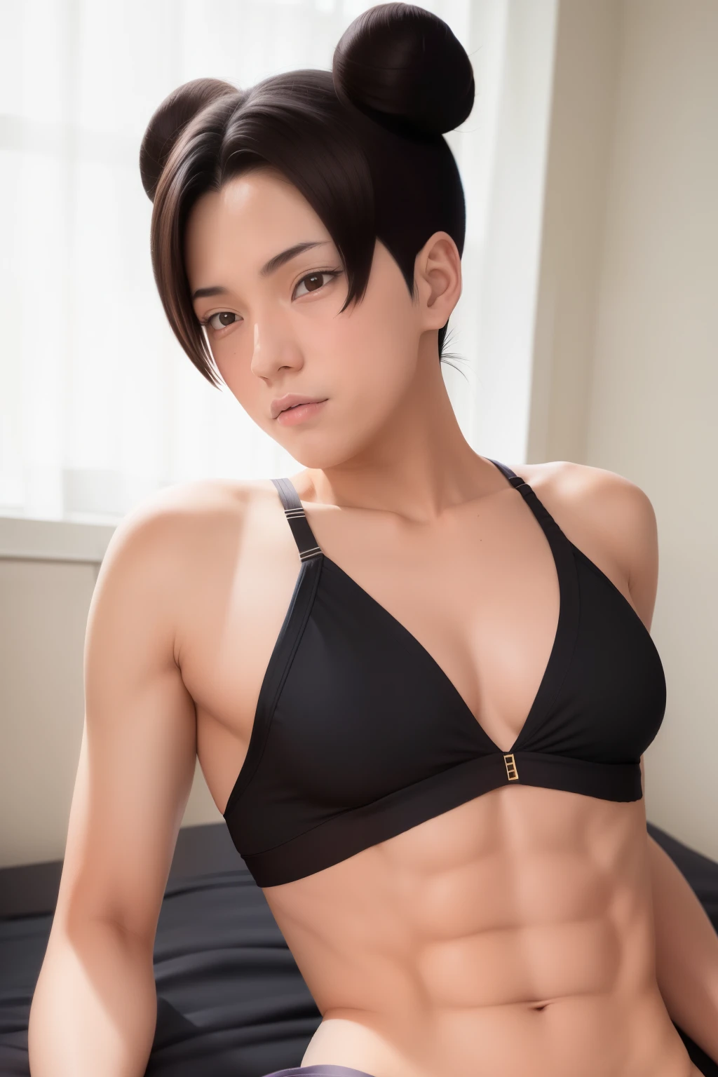 A boy wearing a black bra top is lying on the bed, captivating anime boy, Boy with black knotted chignon hair, Bra only, Ecchi anime style, young boy, beautiful boy, Feeling naughty, whole body!!, Penis muscle, Bare shoulders, bare legs, bare arms,