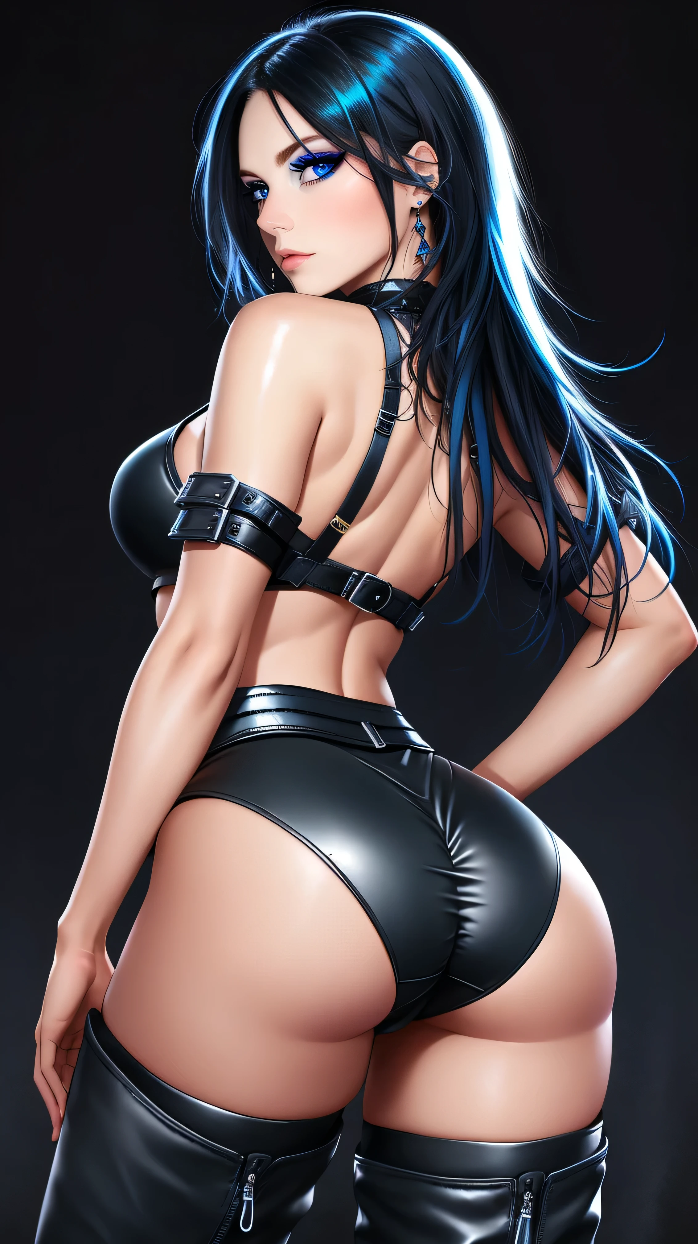 beautiful girl, full body, looking over shoulder, bright blue neon streaked dishevelled hair, ((large light realistic detailed eyes:1.3)), ((seductive pose:1.5)), ((nice ass:1.4)), black eyeshadow, (street style wear:1.2), ((tight fitted panties)), ((thigh high leather boots:1.3)),  ((dark plain black background:1.4)), dark makeup, digital art, trending on artstation, highly detailed, fine detail, intricate, beautiful detailed glow, detailed, Cinematic light, high-res, detailed facial features, sharp focus, smooth, aesthetic,