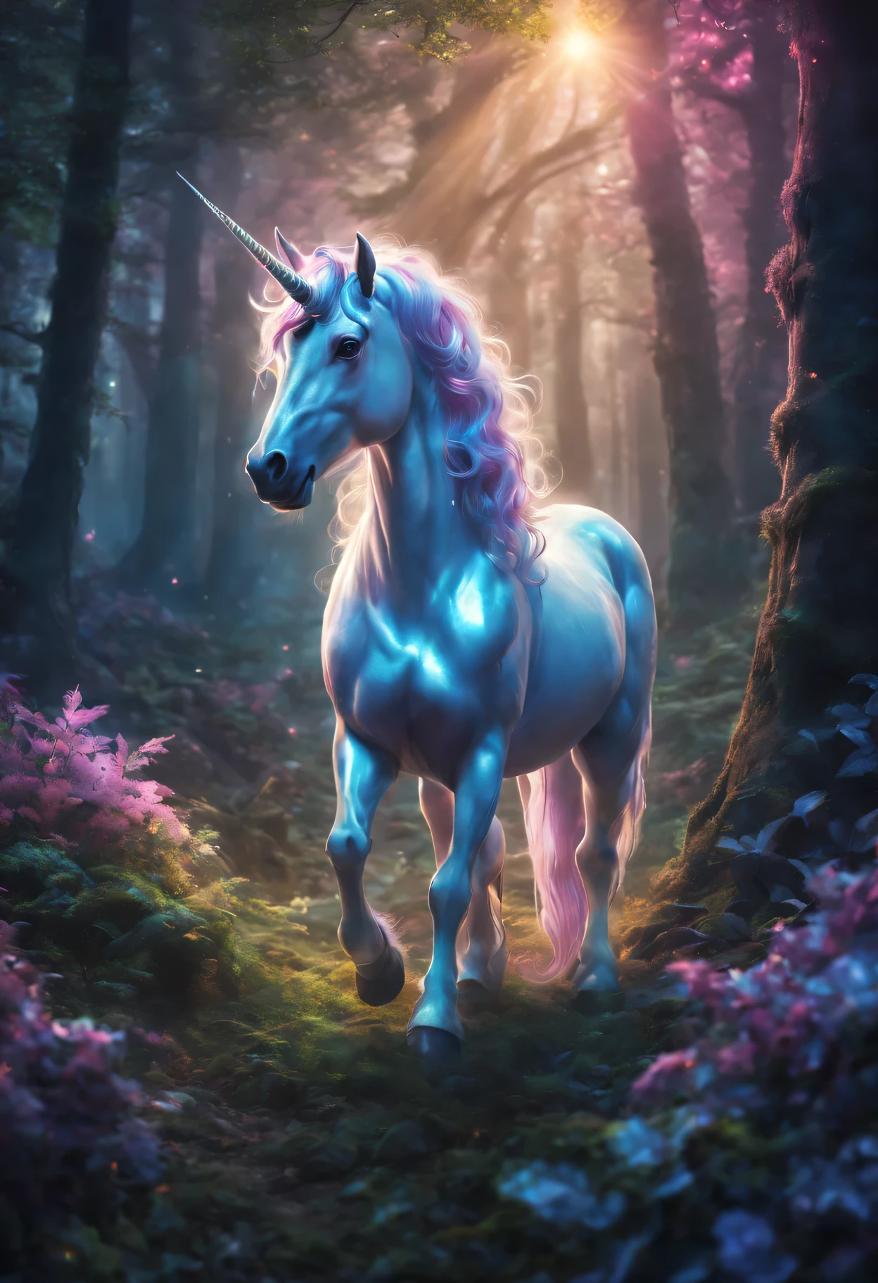 (unicorn),illustration,sparkling horn,in the enchanted forest,enchanting glow,spider,fairytale atmosphere,bright colors,majestic posture,ethereal atmosphere,(best quality,4K,high resolution:1.2),Super detailed,actual:1.37,Soft glowing light