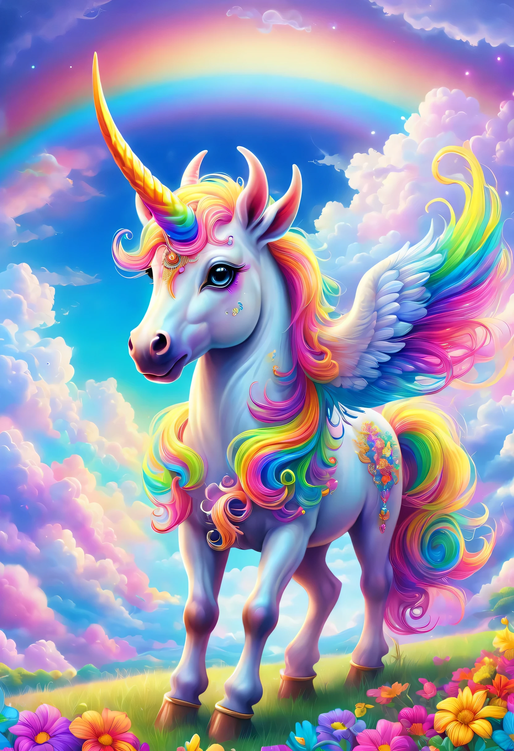 Dreamy sky，Distance，A beautiful unicorn walks among colorful clouds，Colored mane，hapiness，beautiful eyes，Beautiful rainbow，Colored castles。author：Lisa Frank, A masterpiece of bright light, Beautiful ornate digital art
