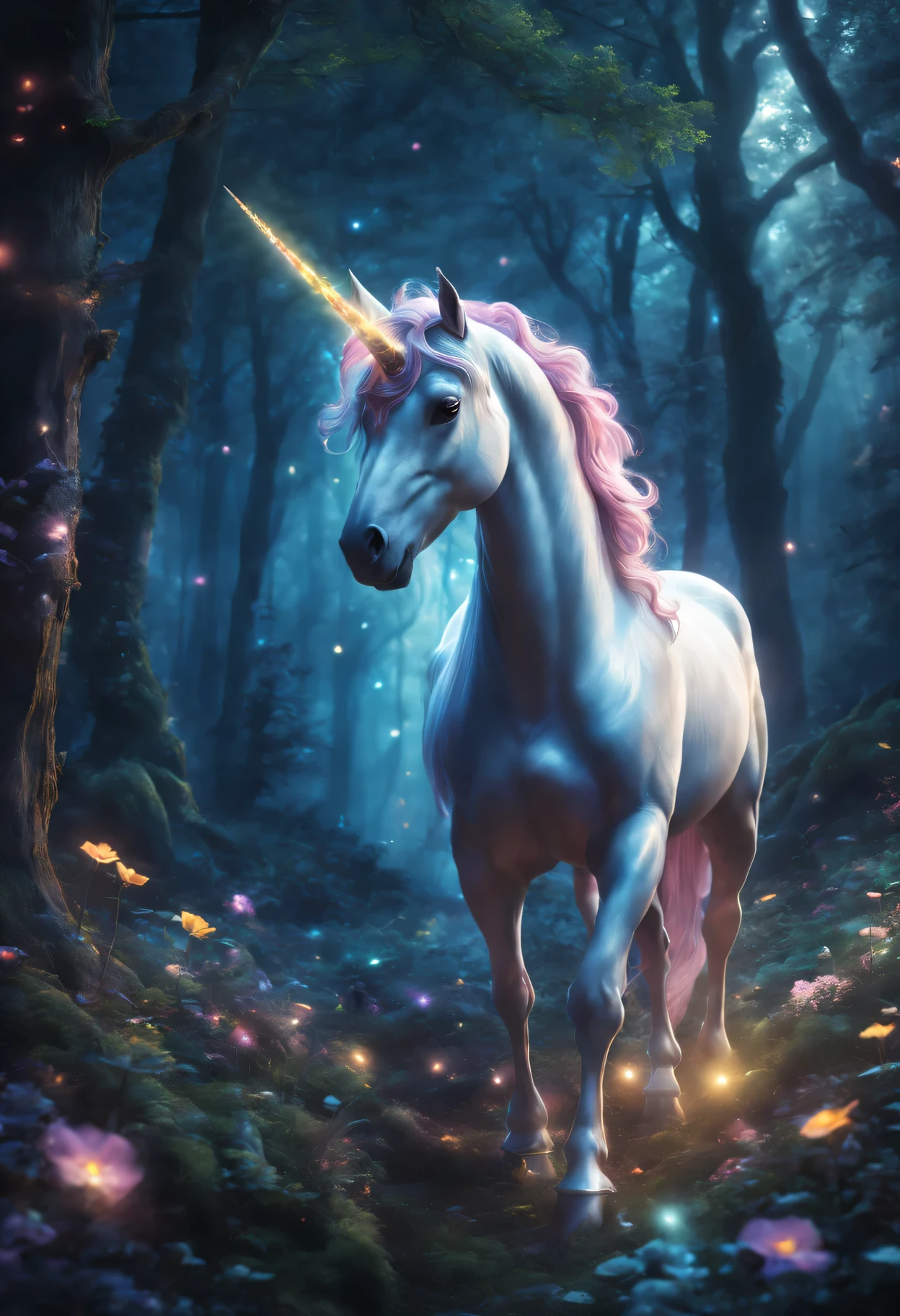 (unicorn),illustration,sparkling horn,in the enchanted forest,enchanting glow,spider,fairytale atmosphere,bright colors,majestic posture,ethereal atmosphere,(best quality,4K,high resolution:1.2),Super detailed,actual:1.37,Soft glowing light