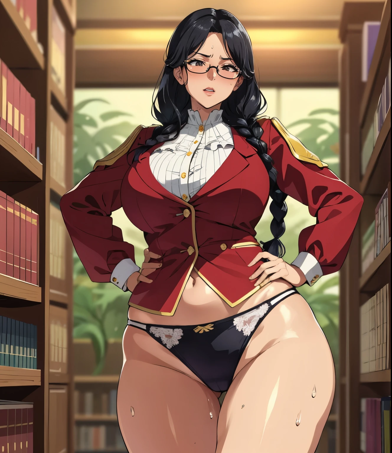 (library)、Super detailed illustrations、Super precise expression、masterpiece、highest quality、ultra high resolution、high resolution、(Sweat、body fluid)、shiny skin、(black hair、long hair、Braid、glasses)、Standing picture、sexy underwear、floral blusher、Hands behind your hips、