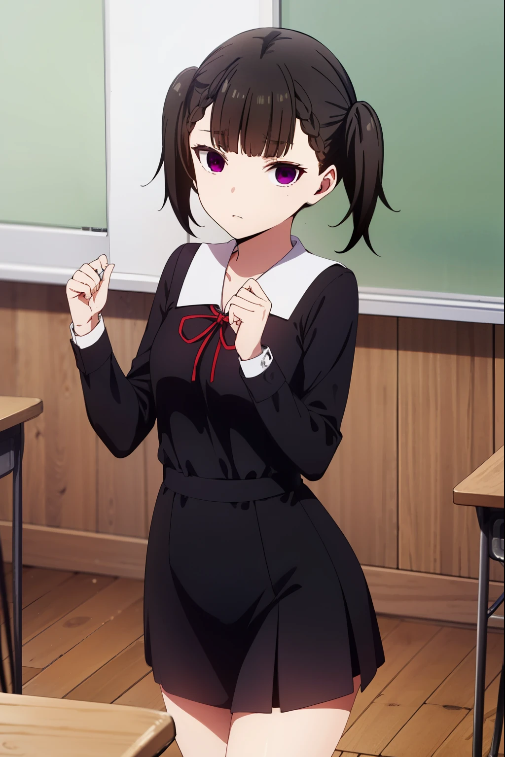 makishijou, maki shijou, bangs, blunt bangs, (purple eyes:1.1), twintails, two side up, braid, short twintails,
BREAK long sleeves, dress, ribbon, school uniform, black dress, red ribbon, neck ribbon, collared dress, shuuchiin academy school uniform,
BREAK indoors, classroom,
BREAK looking at viewer, (cowboy shot:1.5),
BREAK (masterpiece:1.2), best quality, high resolution, unity 8k wallpaper, (illustration:0.8), (beautiful detailed eyes:1.6), extremely detailed face, perfect lighting, extremely detailed CG, (perfect hands, perfect anatomy),