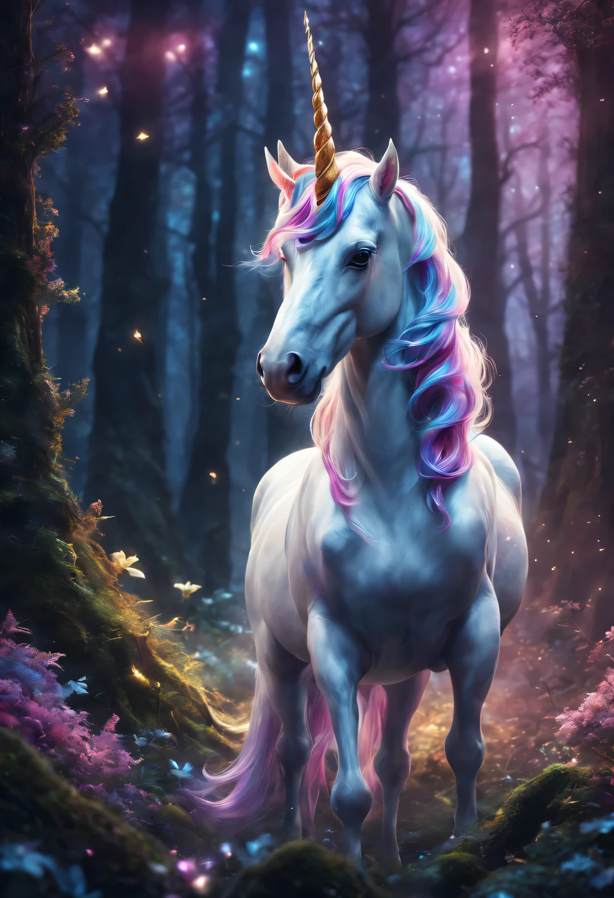 (unicorn),illustration,sparkling horn,in the enchanted forest,enchanting glow,spider,fairytale atmosphere,bright colors,majestic posture,ethereal atmosphere,(best quality,4K,high resolution:1.2),Super detailed,actual:1.37,Soft glowing light