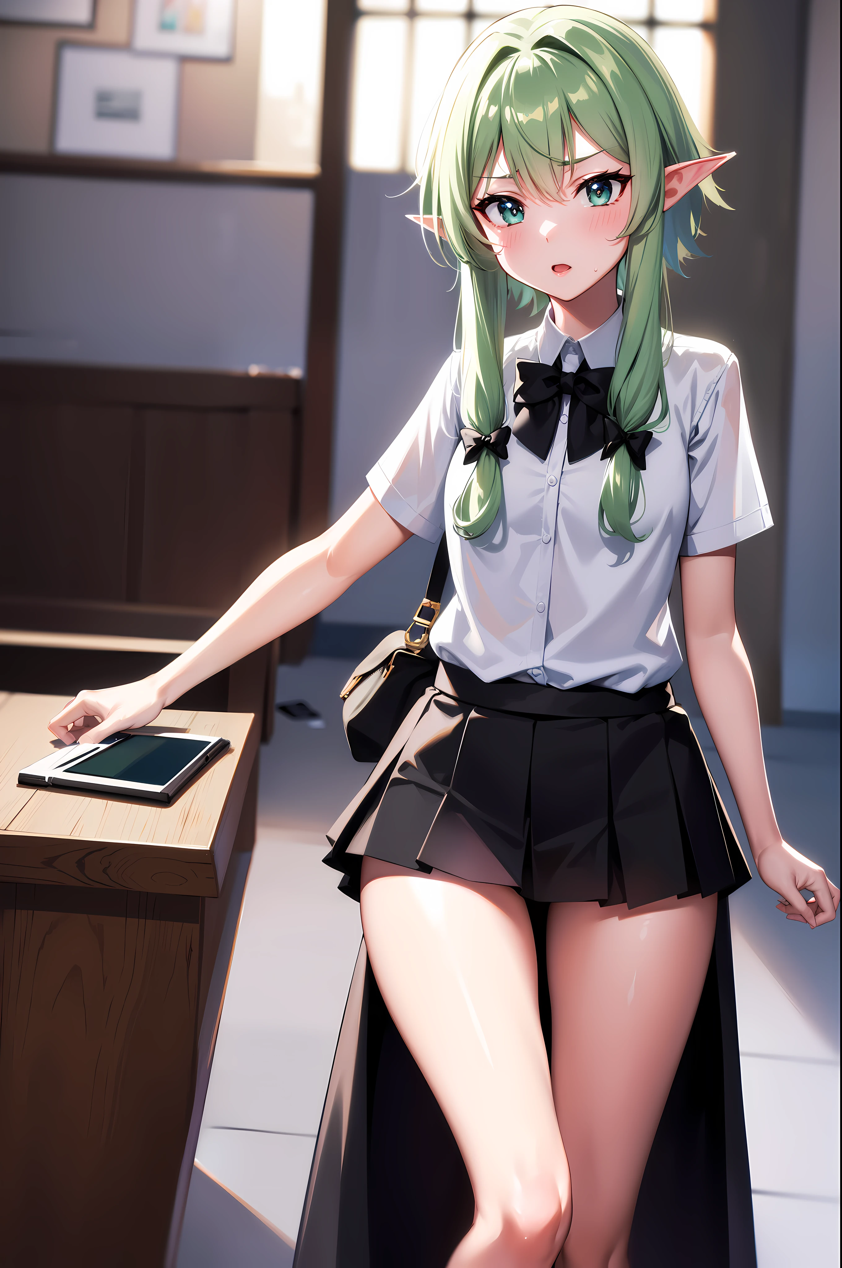 highelfarcher, high elf archer, elf, Green hair,  long hair, pointy ears,  elf,  (masterpiece:1.2), best quality, high resolution, unity 8k wallpaper, (illustration),   perfect lighting, Highly detailed CG,  (sexy:1.4),alone, 1 woman ,(White_schools_shirt:1.3), (Black color_schools_skirt:1.3) , class (inside) ,  standing, (pretty:1.2)