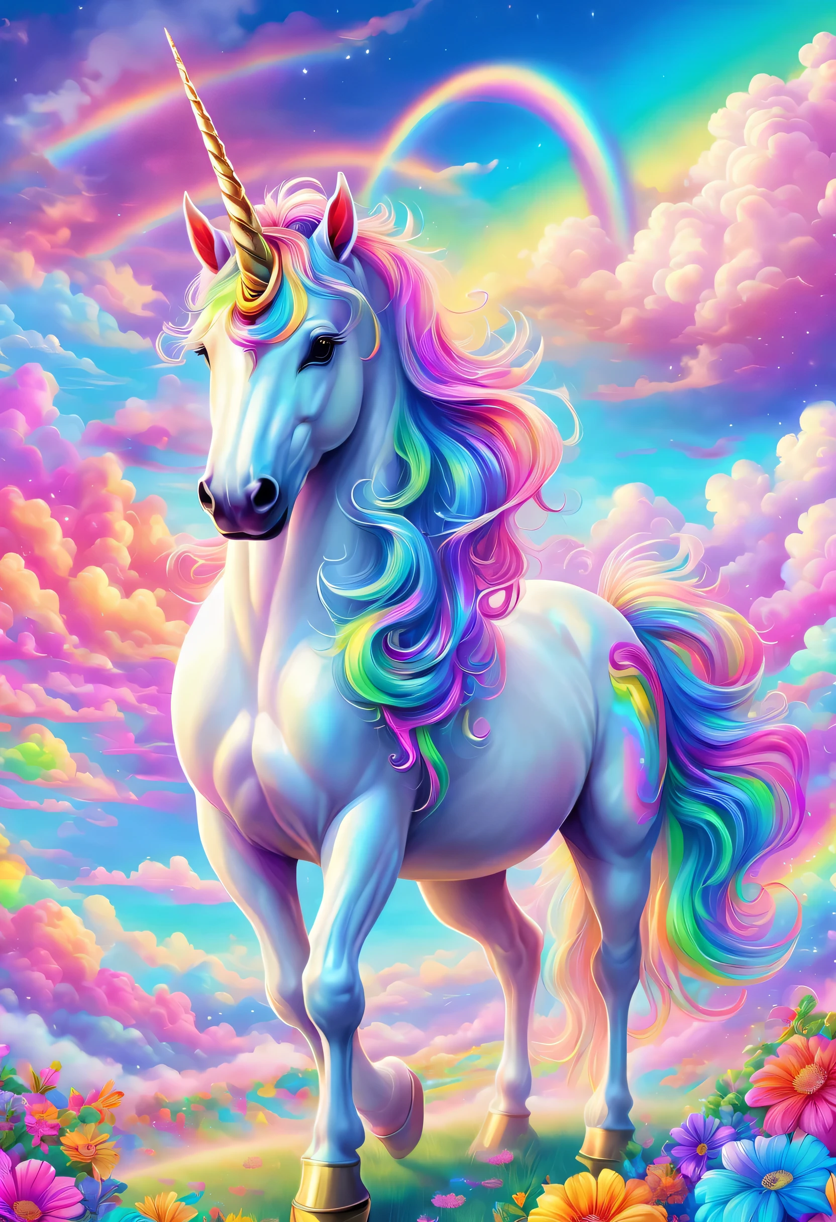 Dreamy sky，Distance，A beautiful unicorn walks among colorful clouds，Colored mane，hapiness，beautiful eyes，Beautiful rainbow，Colored castles。author：Lisa Frank, A masterpiece of bright light, Beautiful ornate digital art