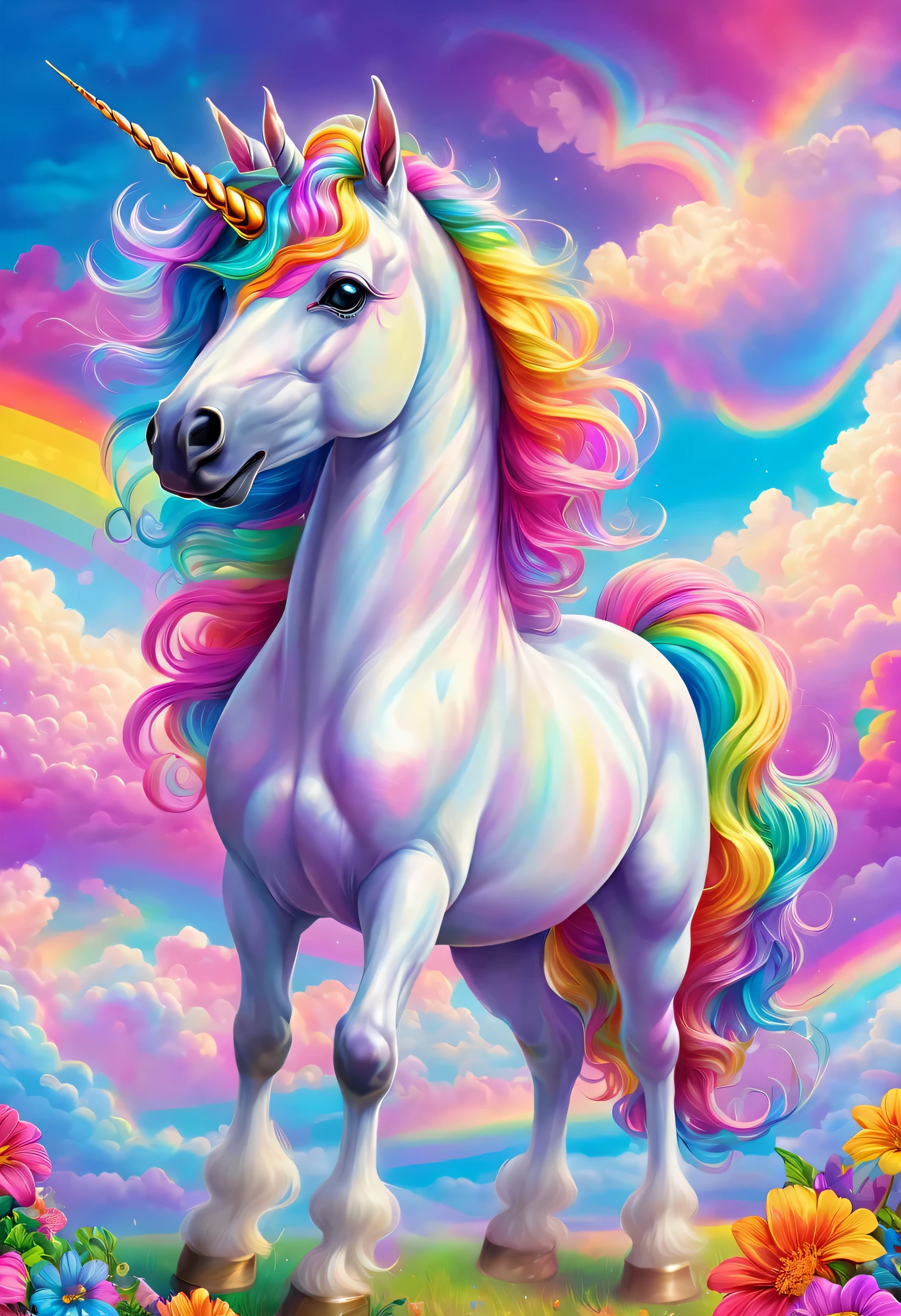 Dreamy sky，Distance，A beautiful unicorn walks among colorful clouds，Colored mane，hapiness，beautiful eyes，Beautiful rainbow，Colored castles。author：Lisa Frank, A masterpiece of bright light, Beautiful ornate digital art