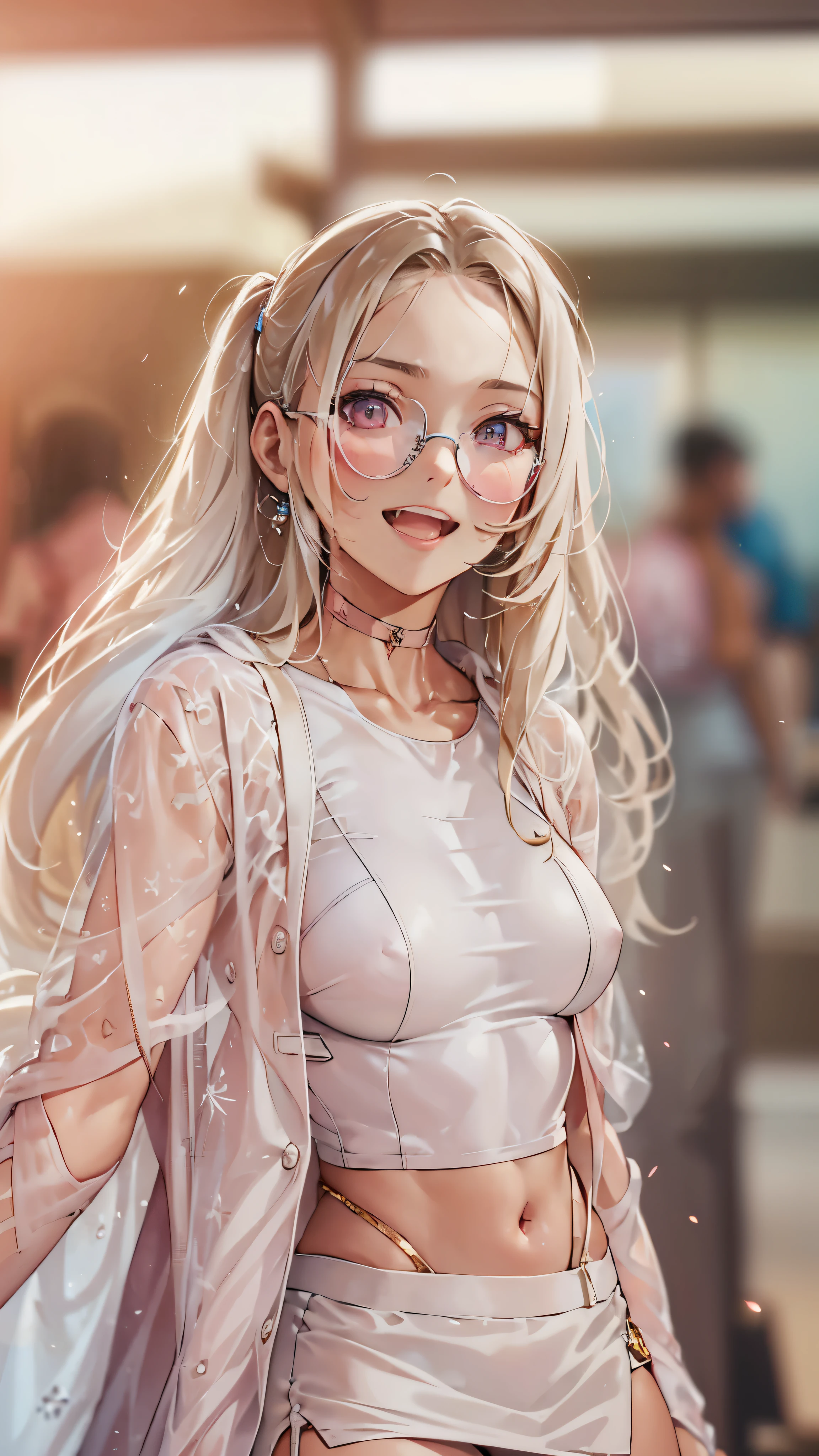 woman,,graduate school,(((white and pink tight miniskirt bodysuit))),,open mouth smile((See-through))Glasses,((Beautiful long ponytail)),((baby girl bohape))((blonde))