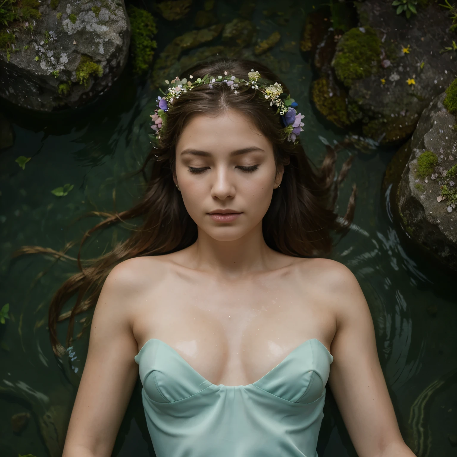 (best quality, 4k high resolution, realistic: 1.37), underwater portrait, in a stream with flowers and moss, of a woman's body, lying underwater, aerial image, top view wedding dress flowing in a river , ethereal lighting, detailed features, serene atmosphere, reflections in the water, delicate facial expressions, closed eyes, sleeping, long flowing hair, dreamy colors, mosses, fantasy, flowers in hair stones