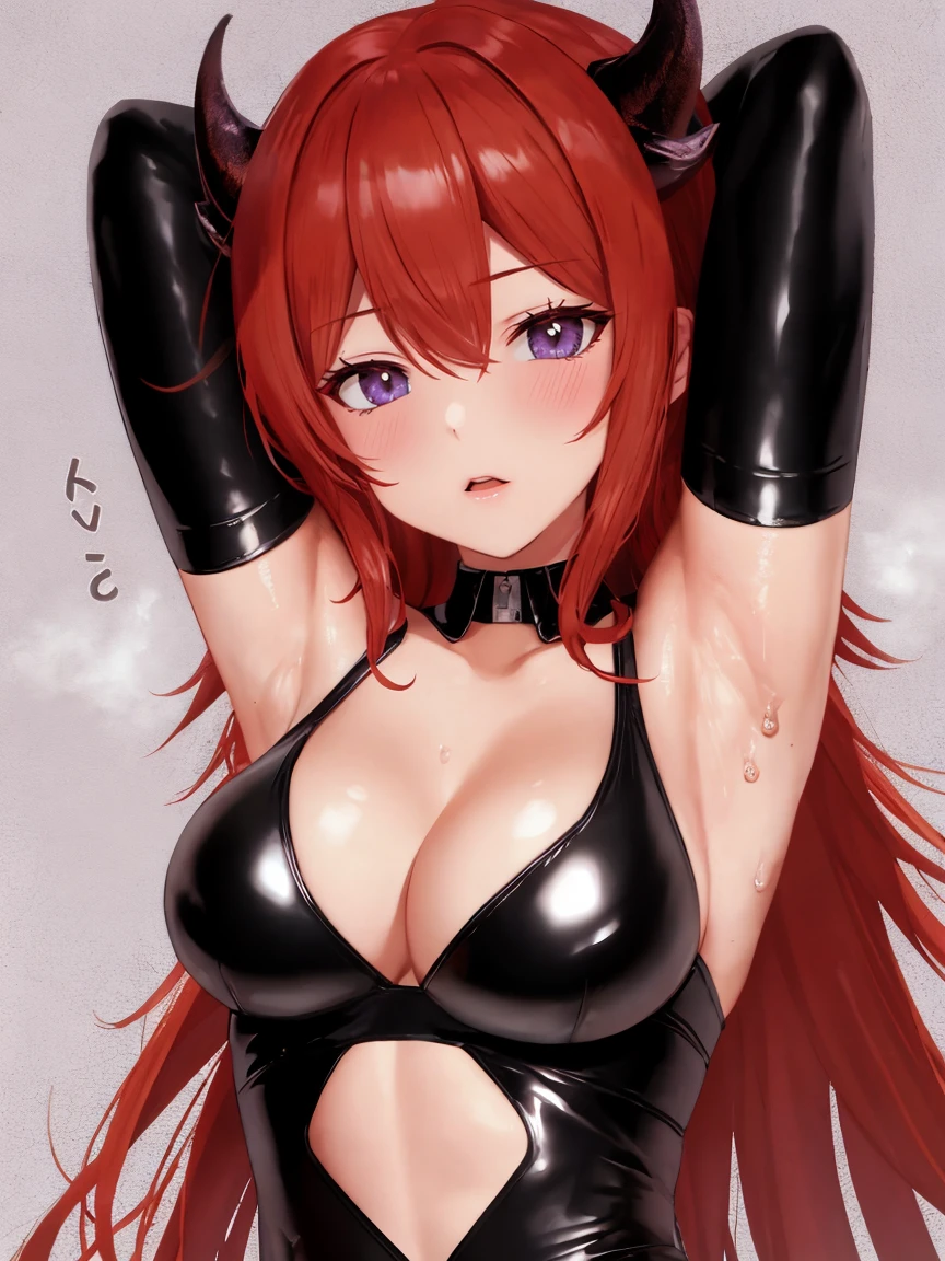 (best quality,highres,masterpiece:1.2),ultra-detailed,1 girl,harmonious finger proportions,shiny skin, (sleepy:1.2), ,arms up,armpits,sweat,steam,arms behind head,squatting,thick thigh,covered nipples, (black latex:1.4), (red_hair:1.3), long_hair, horns, purple_eyes, bangs, breasts, hair_between_eyes, upper_body, cleavage, demon_horns, very_long_hair, medium_breasts