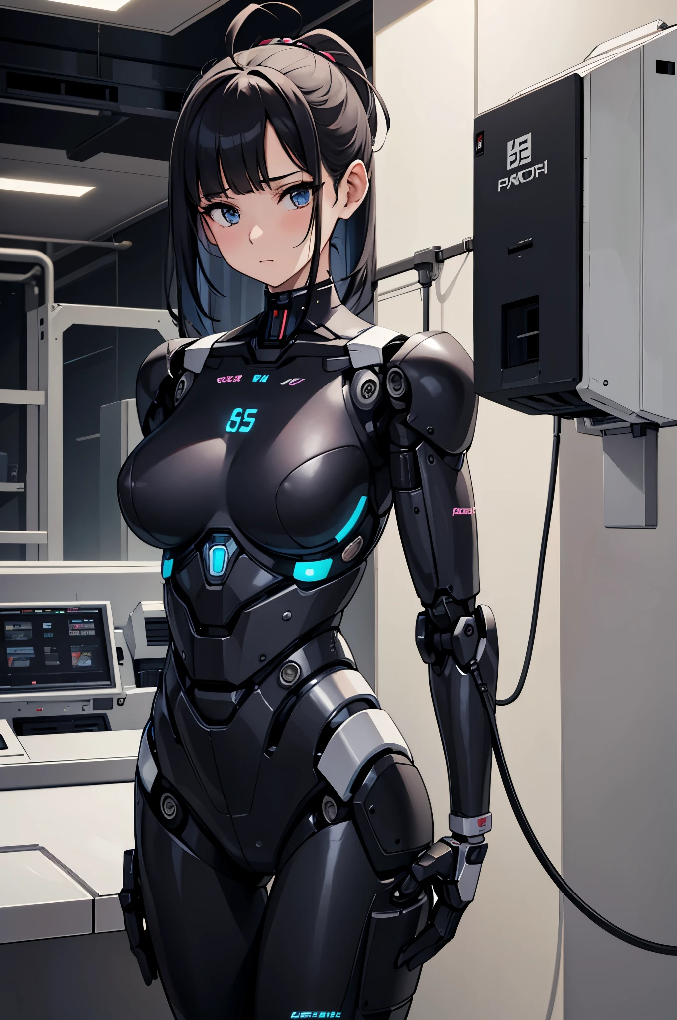 masterpiece, best quality, extremely detailed,8k portrait, Japaese android Girl,Plump , dark black leg cover,announcer,control panels,android,Droid,Mechanical Hand, Robot arms and legs, Black Robot Parts,Black hair,Mechanical body,Blunt bangs,perfect mechanical abdomen,White robotics parts,perfect robot woman,future laboratory,cyber pank,charging spot,laboratory,long tube,thick cable connected her neck,ceramic body ,perfect mechanical body, white robot body,lod antenna,mechanical ear cover,android,robot humanoid,black sponge joints,The removable cover is in the groin,The connection port is in the groin,opened chest panel,access panel on the chest,opened breast panel,mechanical breast,perfect machine body,She has repaired,assembly plant,wired body ,