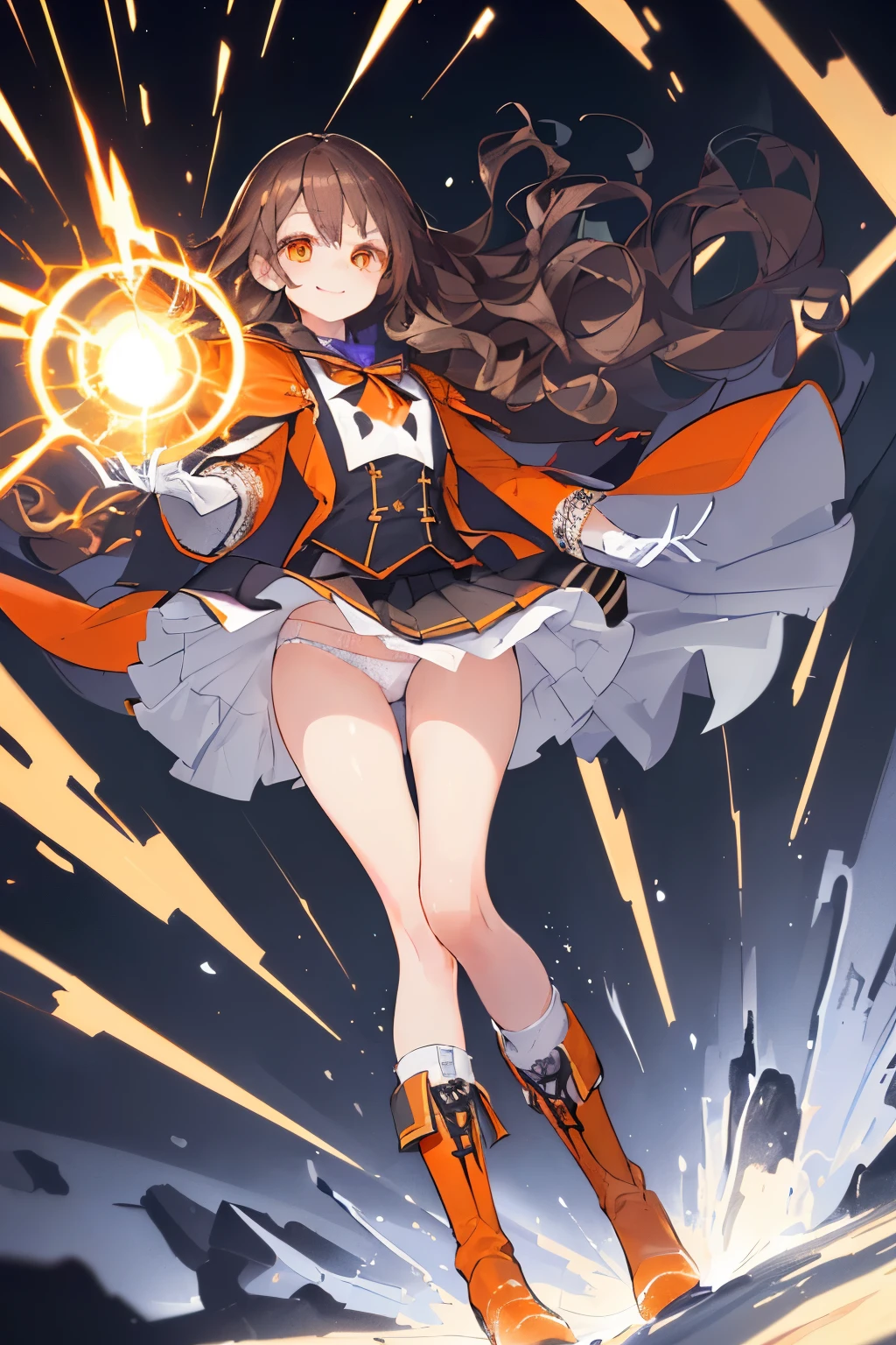 (((1girl))), ((best quality)), ((masterpiece)), ((ultra-detailed)), (illustration), (detailed light), (an extremely delicate and beautiful), (beautiful detailed eyes), (sunlight), ((extremely light)), ((extremely clothes)), (((hyper detail))),(((((front lighting))))),(((((front light))))),
((((quite adorable Novice Warlock's uniform with a brief skirt)))), (((Novice Warlock))),
,
(((wavy long hair))), ((((dark brown hair)))), (((long hair))),
(((deep orange eyes))),
(whole body), aged 5 to 8, ((((())))), ((((very adorable young girl)))),
((condescending expression)), ((mischievous smile with sexual satisfaction)), (((extra adorable))), (((((extra slender shape))))),
(((((extremely beautiful detailed face))))),
(((attacking enemies by a spell of electric shock wave))), (((elegant magic boots))),
((Dutch angle)), (((white gloves))), ((transparent magical underskirt)), (a little bit exposed adorable white panties)