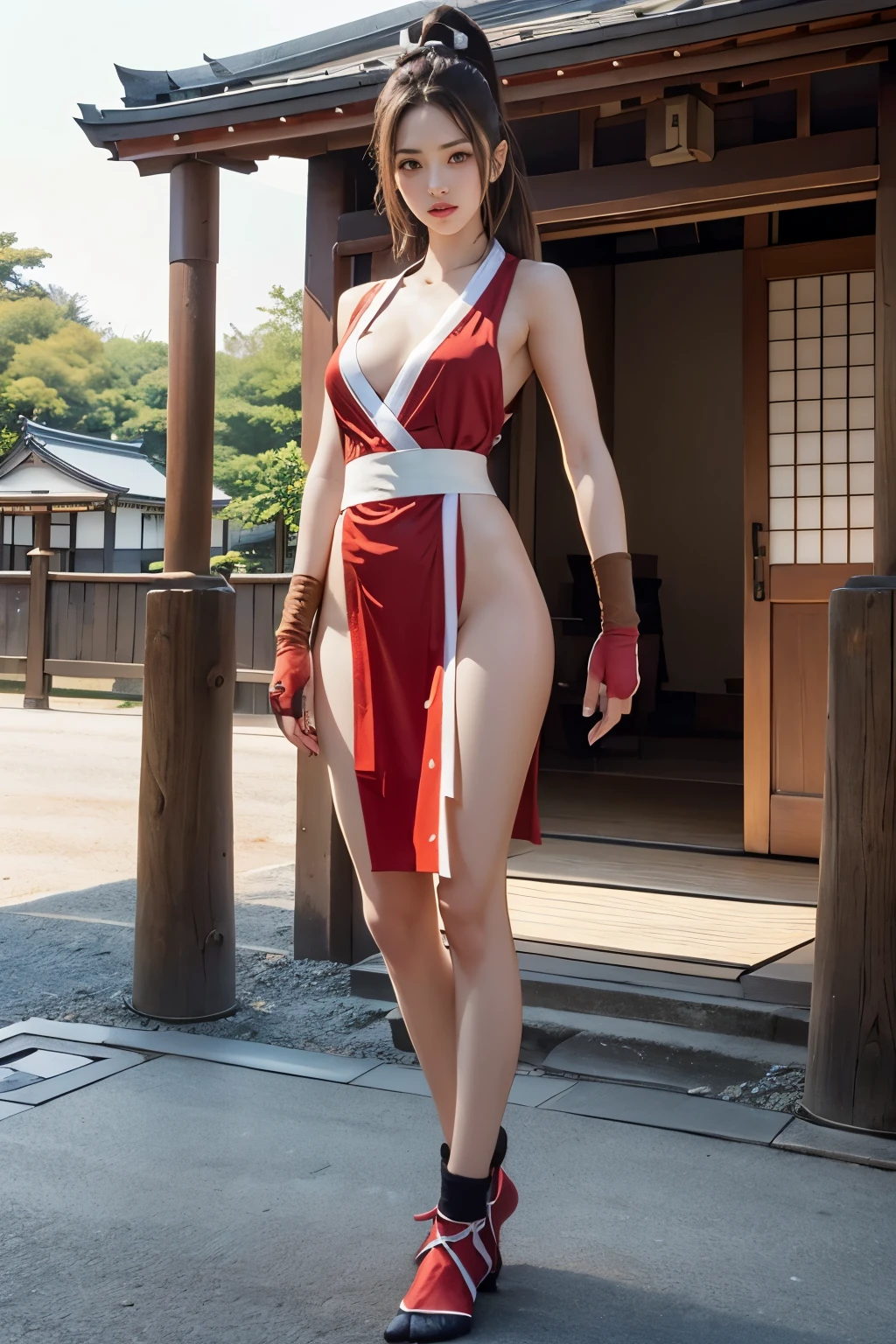 mai shiranui, (tabi:1.3), (Full body:1.4), (Toe;1.3), (Photo realistic:1.2), (masterpiece:1.2), (Best Quality), (ultra-detailliert), (8K, 4K, Convoluted), (Flat Lighting:1.2), (skinny), Prestige, Brown eyes, Long hair, brown eyes, long hair, brown hair, white ribbon, sleeveless, ponytail, sash, pelvic curtain, arm guards, gloves, fascinated expression, Sexy eyes, slim, medium breasts, Cute, view the viewer, Close to Japan temple, (Highly detailed:1.2), (Detailed face:1.2), (gradients), SFV, Colorful, (Detailed eyes:1.2), Detailed temples of Japan, Detailed background, Dynamic Pose, Wide Shot, Daylight, Solo.