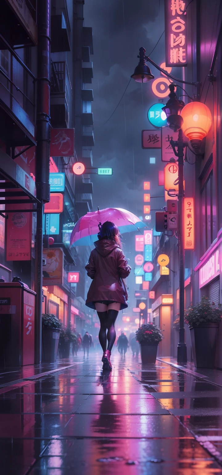 A vibrant, anime-inspired landscape of a rainy cityscape, with bright neon lights reflecting off the wet, unpeopled streets