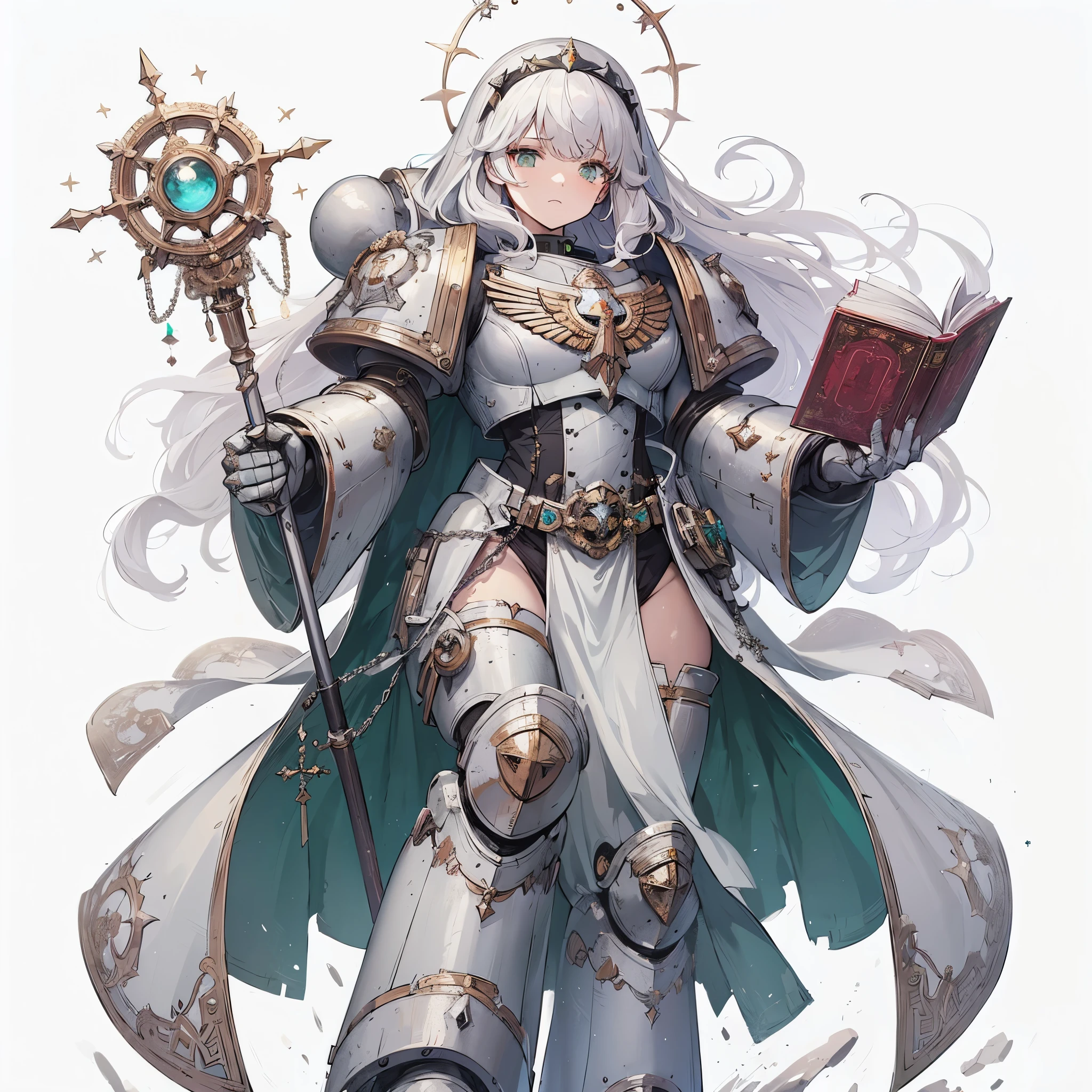 Masterpiece, best quality, ultra-detailed, anime style, full body of space marine girl, pale gray power armor, warhammer 40K, nun`s headdress, white hair and green eye, held small royal scepter and magic book, wearing raised boots, Glorious light, 8k high resolution, trending art station, white background, whole body, standing Burnt churches.