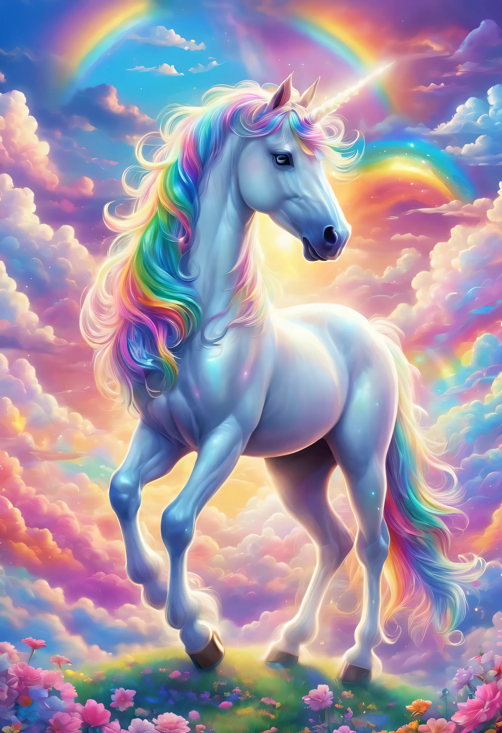Dreamy sky，Distance，A beautiful unicorn walks among colorful clouds，Colored mane，hapiness，beautiful eyes，Beautiful rainbow，Colored castles。author：Lisa Frank, A masterpiece of bright light, Beautiful ornate digital art