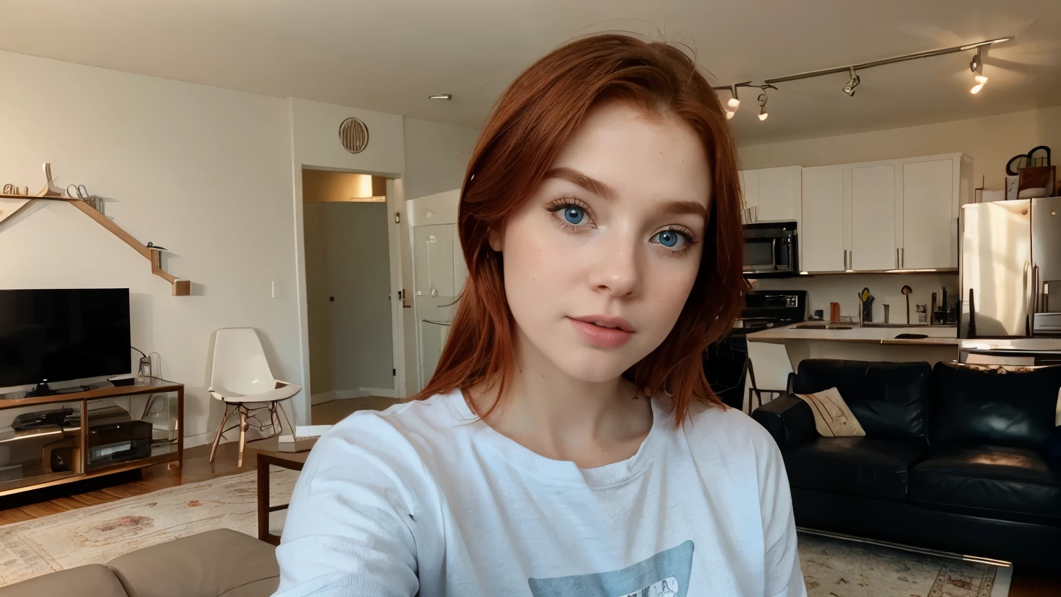 selfie ,of a cute surprised wow redhead , blue eyes girl, american girl ;, in a bright living room , youtuber ambiance, influencer.