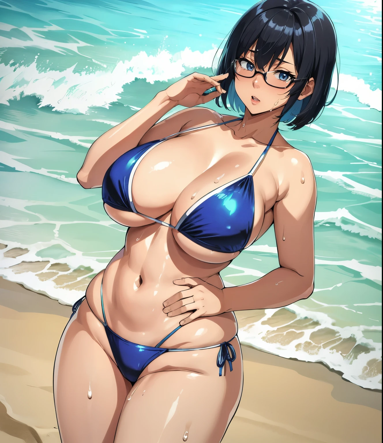 (Ocean、beach)、Super detailed illustrations、Super precise expression、masterpiece、highest quality、ultra high resolution、high resolution、(big breasts、Sweat、body fluid)、shiny skin、(black hair、short cut hair、glasses)、bikini、Standing picture、Hands behind your hips、