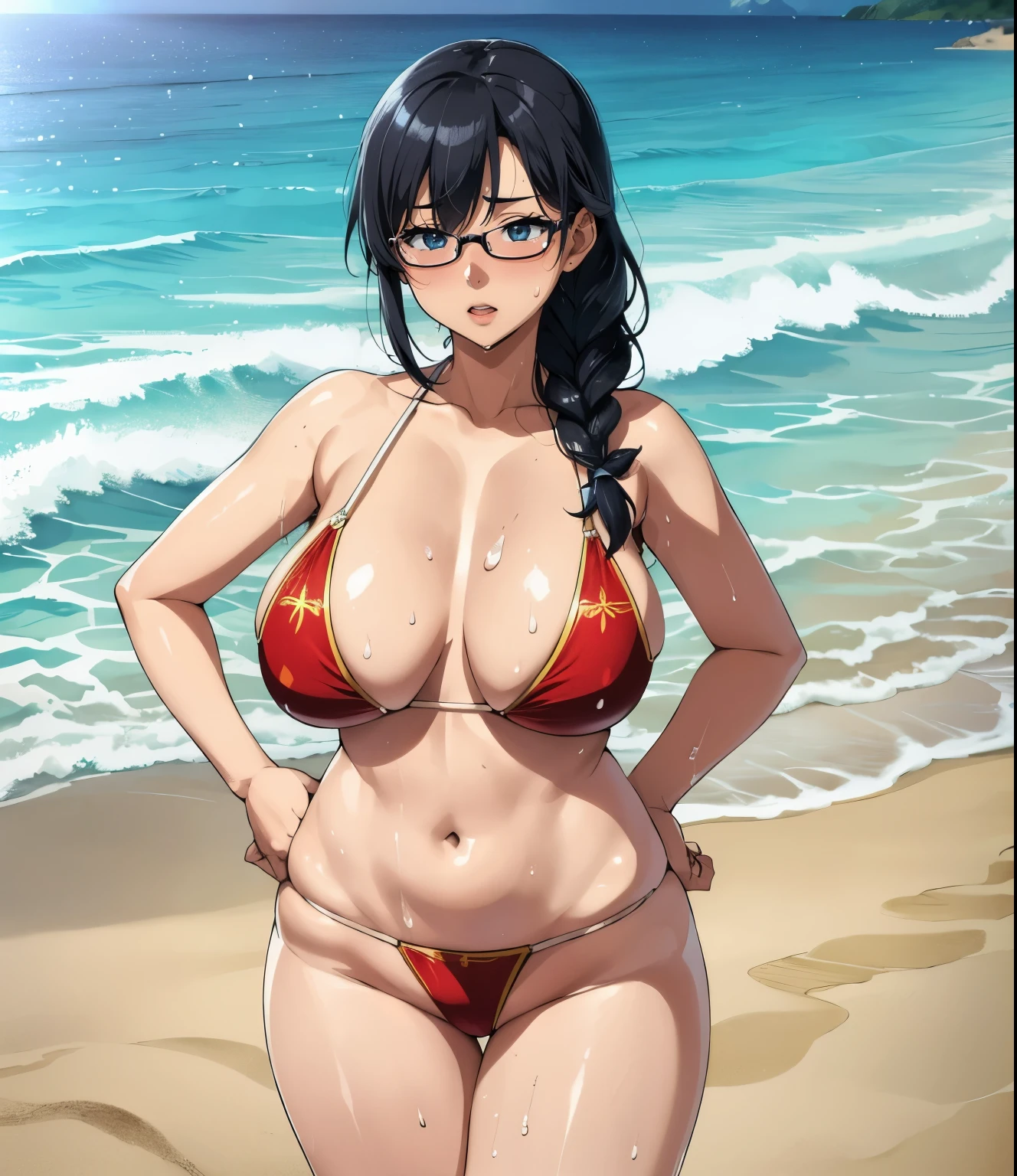 (Ocean、beach)、Super detailed illustrations、Super precise expression、masterpiece、highest quality、ultra high resolution、high resolution、(big breasts、Sweat、body fluid)、shiny skin、(black hair、long hair、Braid、glasses)、bikini、Standing picture、Hands behind your hips、