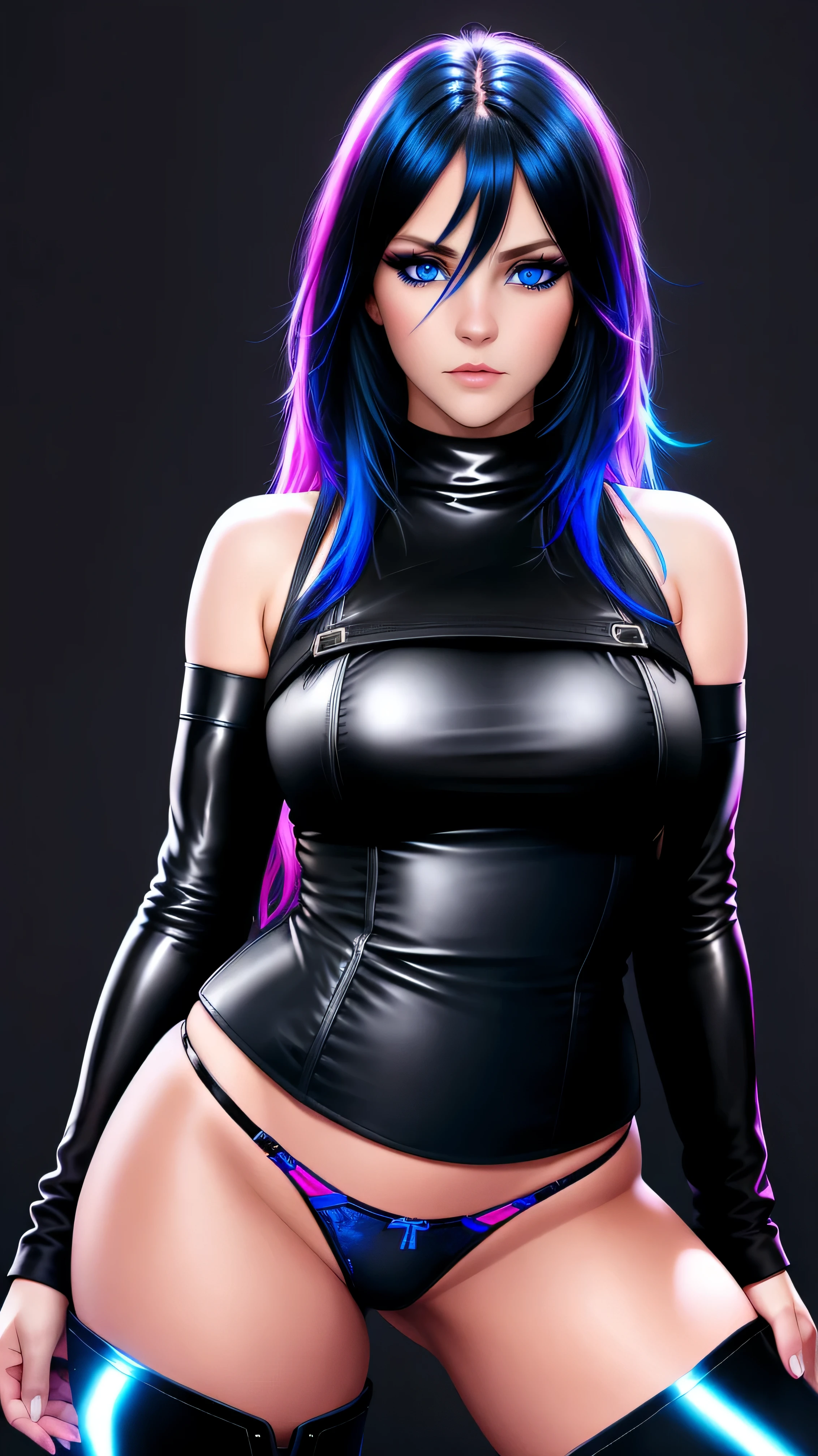 beautiful girl, full body, looking over shoulder, bright blue neon streaked dishevelled hair, ((large light realistic detailed eyes:1.3)), ((seductive pose:1.5)), black eyeshadow, (street style wear:1.2), ((tight fitted panties)), ((thigh high leather boots:1.3)),  ((dark plain black background:1.4)), dark makeup, digital art, trending on artstation, highly detailed, fine detail, intricate, beautiful detailed glow, detailed, Cinematic light, high-res, detailed facial features, sharp focus, smooth, aesthetic,