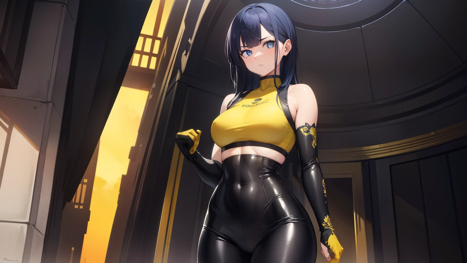 1woman, fit-muscled body, bright yellow eyes,dark blue hair , blue eyes, With round lenses, The audience watched carefully, (s face: 1.2), Perfect female figure, ((standing)), ((yellow Tight crop top leather suit)), ((shy and looking at viewert)), (Perfect thick white eyebrows)
BREAK bare shoulders,
BREAK looking at viewer,
BREAK outdoors, city,
BREAK (masterpiece:1.2), best quality, high resolution, unity 8k wallpaper, (illustration:0.8), (beautiful detailed eyes:1.6), extremely detailed face, perfect lighting, extremely detailed CG, (perfect hands, perfect anatomy),