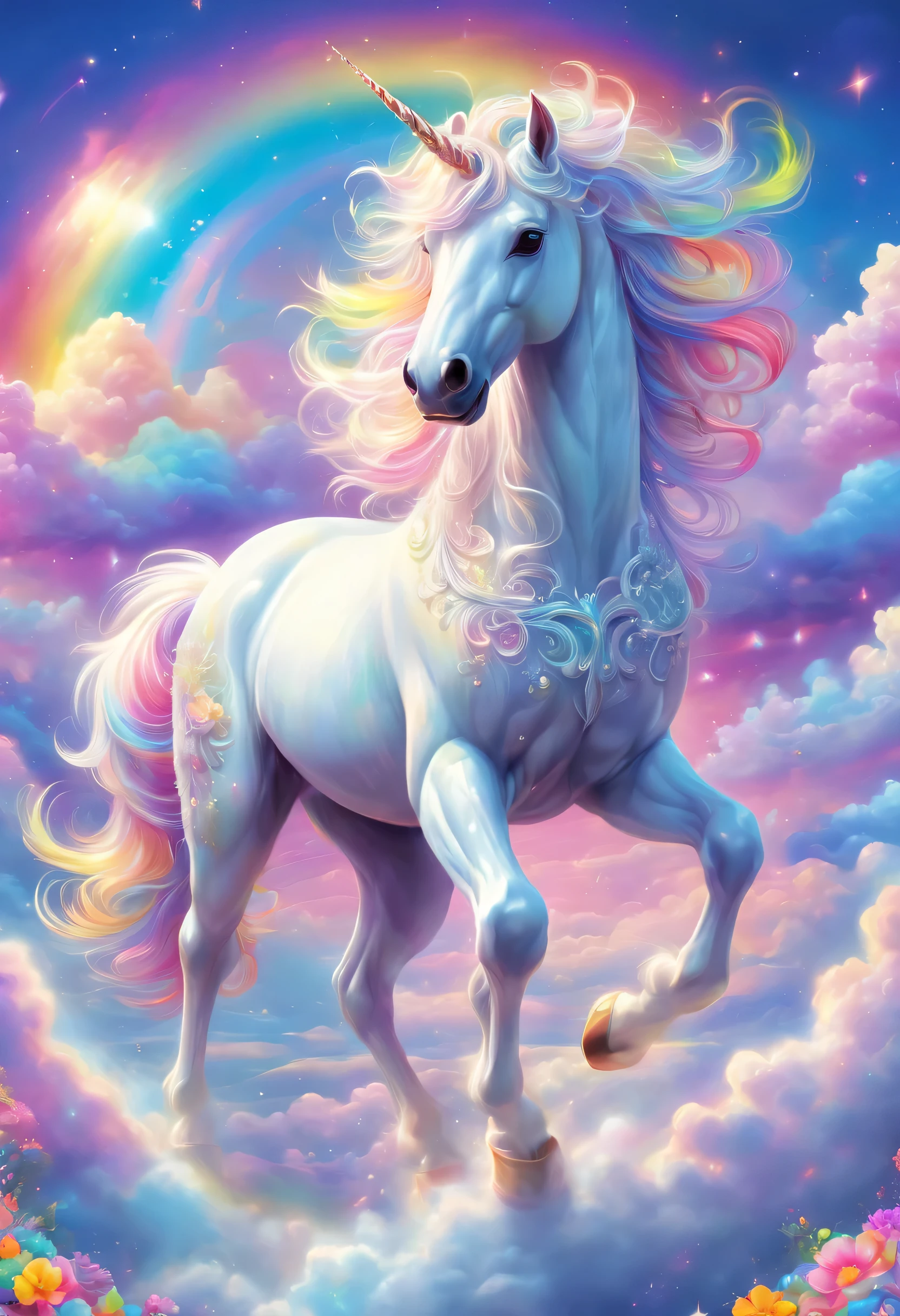 Dreamy sky，Distance，A beautiful unicorn walks among colorful clouds，Colored mane，hapiness，beautiful eyes，Beautiful rainbow，Colored castles。author：Lisa Frank, A masterpiece of bright light, Beautiful ornate digital art