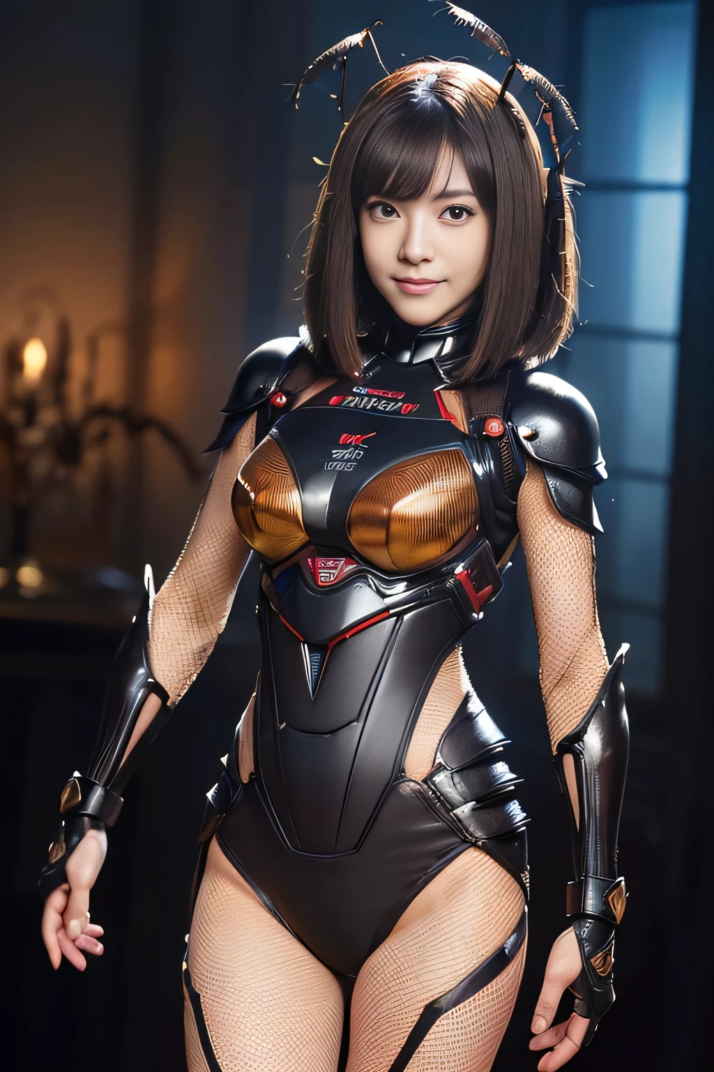 (High resolution,masterpiece,highest quality,Very detailed CG, anime, official art:1.4), realistic, photograph, amazing detail, all complicated, luster and luster,great many layers, 8k wallpaper, 3D, sketch, cute, figure,( alone:1.4), perfect female proportions,villain's daughter, (Fusion of dark brown cockroach and lady:1.4), (brown cockroach form lady:1.2), (brown cockroach woman:1.2), (Fusion:1.2), (alone:1.4), (evil smile:1.2), muscular, abs, (Cockroach brown exoskeleton bio insect suit:1.4), (Cockroach brown exoskeleton bio insect armor:1.2), (brown transparent cockroach feathers:1.4), (brown cockroach antenna:1.3)