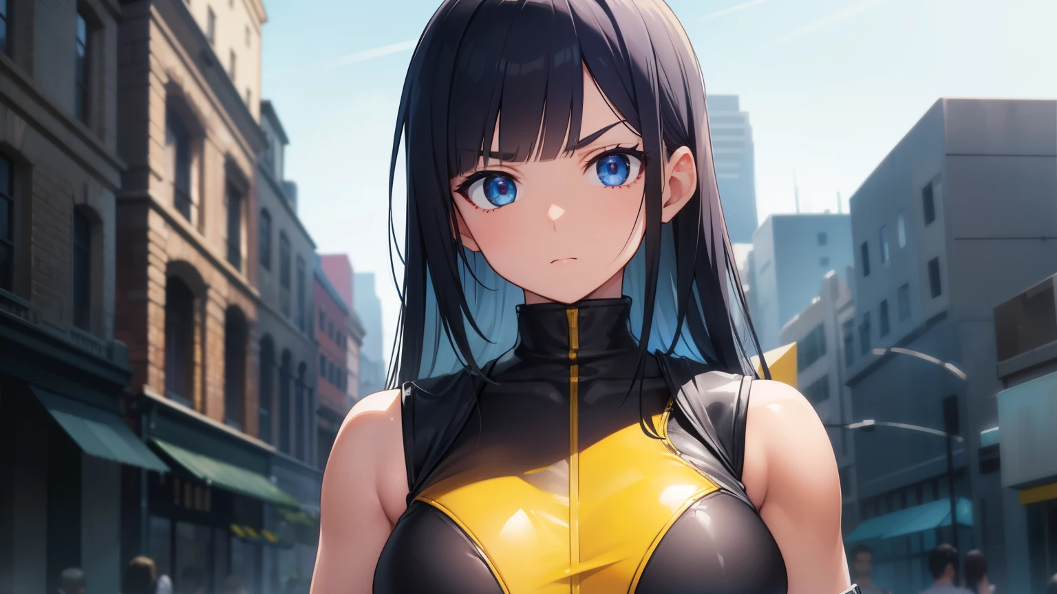 1woman, fit-muscled body, bright yellow eyes，dark blue hair , blue eyes, With round lenses, The audience watched carefully, (s face: 1.2), Perfect female figure, ((standing)), ((yellow Tight crop top leather suit)), ((shy and looking at viewert)), (Perfect thick white eyebrows)
BREAK bare shoulders,
BREAK looking at viewer,
BREAK outdoors, city,
BREAK (masterpiece:1.2), best quality, high resolution, unity 8k wallpaper, (illustration:0.8), (beautiful detailed eyes:1.6), extremely detailed face, perfect lighting, extremely detailed CG, (perfect hands, perfect anatomy),
