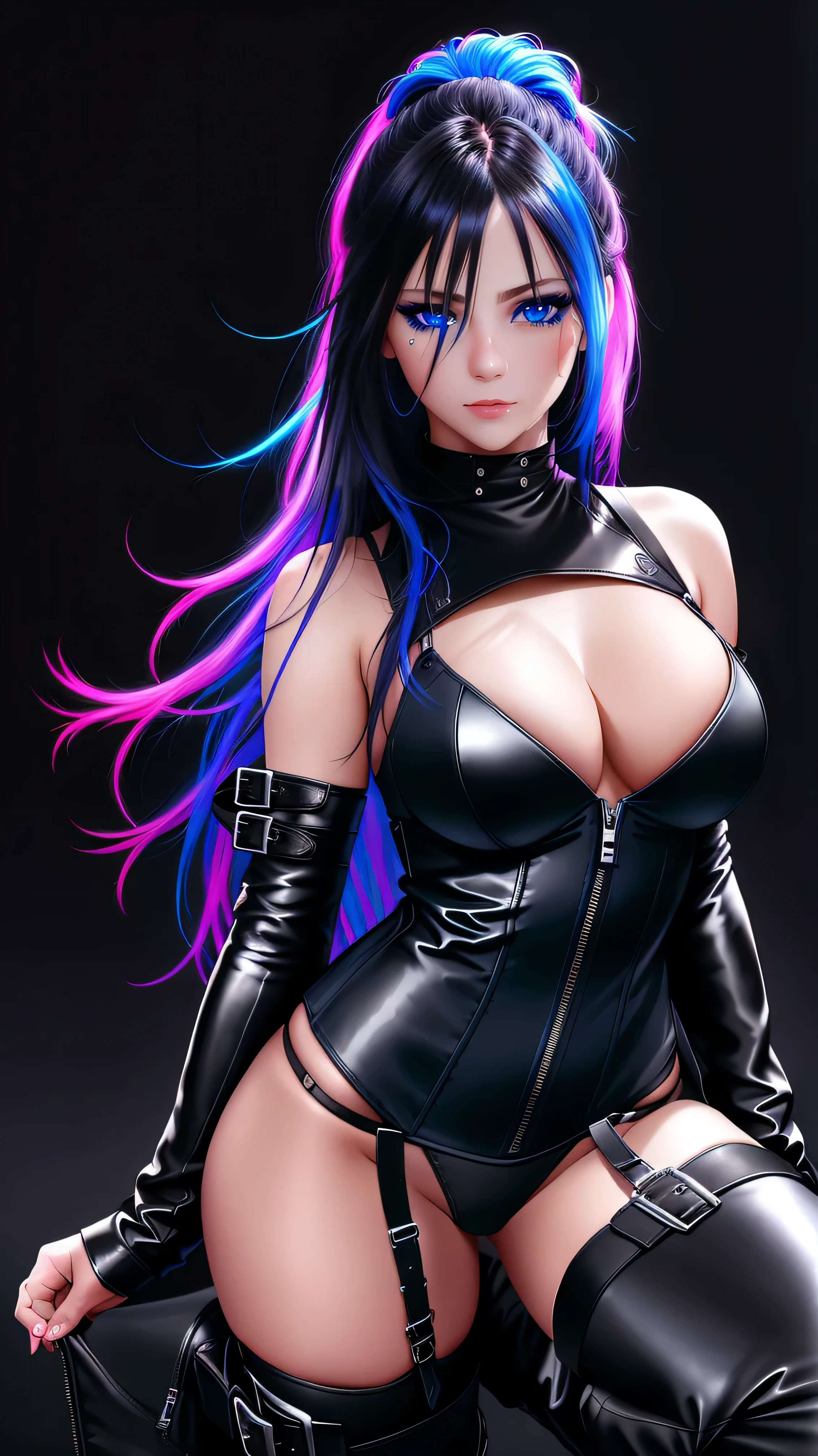 beautiful girl, full body, bright blue neon streaked dishevelled hair, ((large light realistic detailed eyes:1.3)), ((seductive pose:1.5)), black eyeshadow, (street style wear:1.2), ((tight fitted panties)), ((thigh high leather boots:1.3)),  ((dark plain black background:1.4)), dark makeup, digital art, trending on artstation, highly detailed, fine detail, intricate, beautiful detailed glow, detailed, Cinematic light, high-res, detailed facial features, sharp focus, smooth, aesthetic,