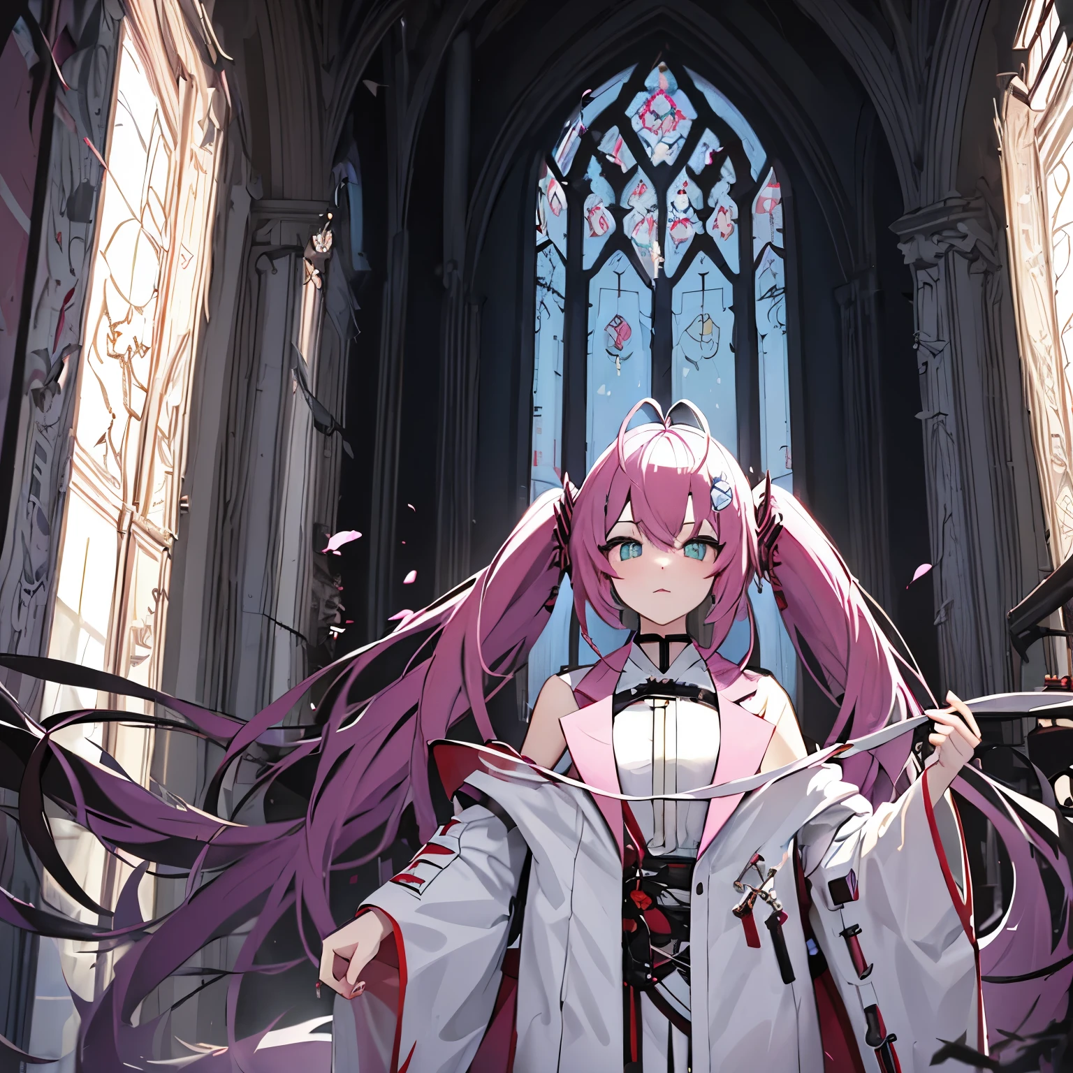 1 girl, alone, Xiao Lai, Tattered white robe, Sophisticated white lab coat, torn black, pink hair，Black tip, side braid, Long black hair with tips, Red and green eyes, Heterochromia, Serious expression, Alien laboratory in the background