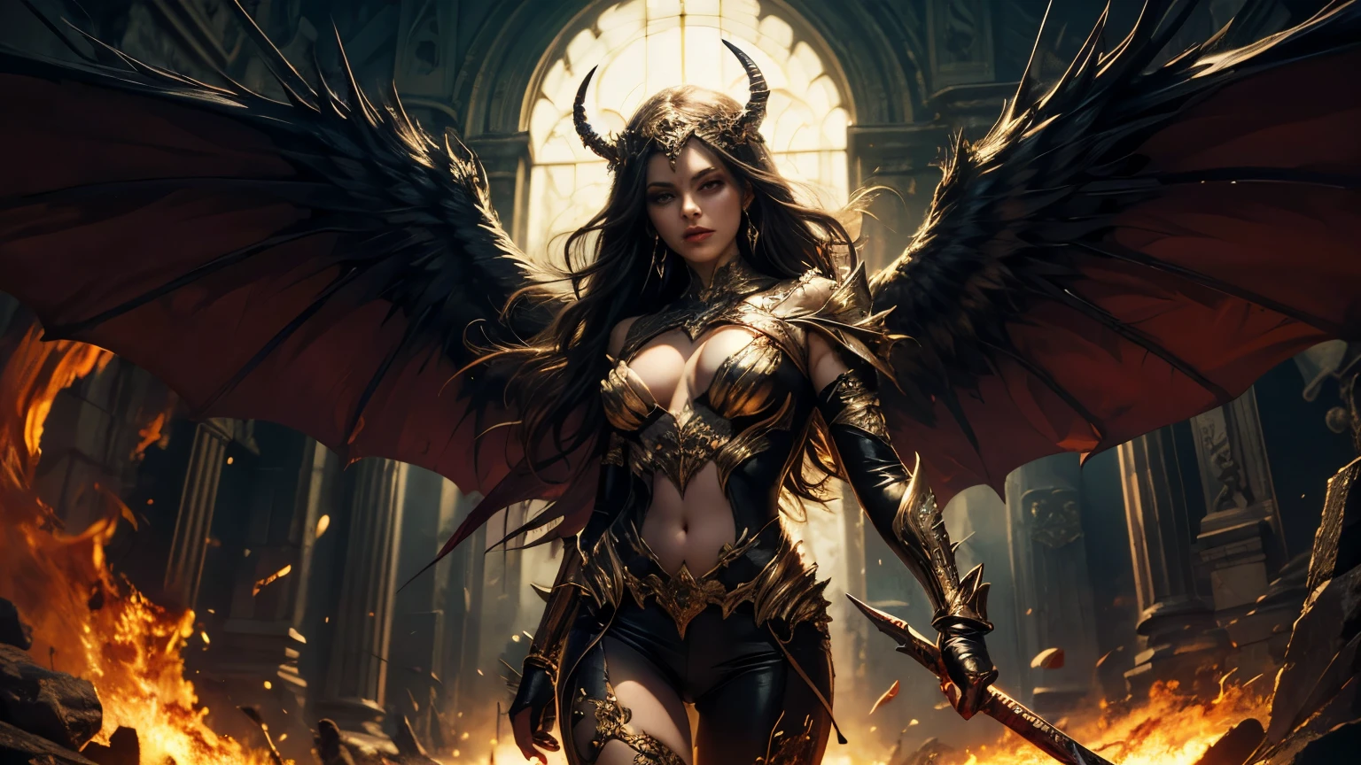 (offcial art, masterpiece, best quality, photorealistic, very detailed), 1 mature woman, alone, demon, wings, flames, mesmerizing eyes, background elements, inferno, sangue, fansy, blood