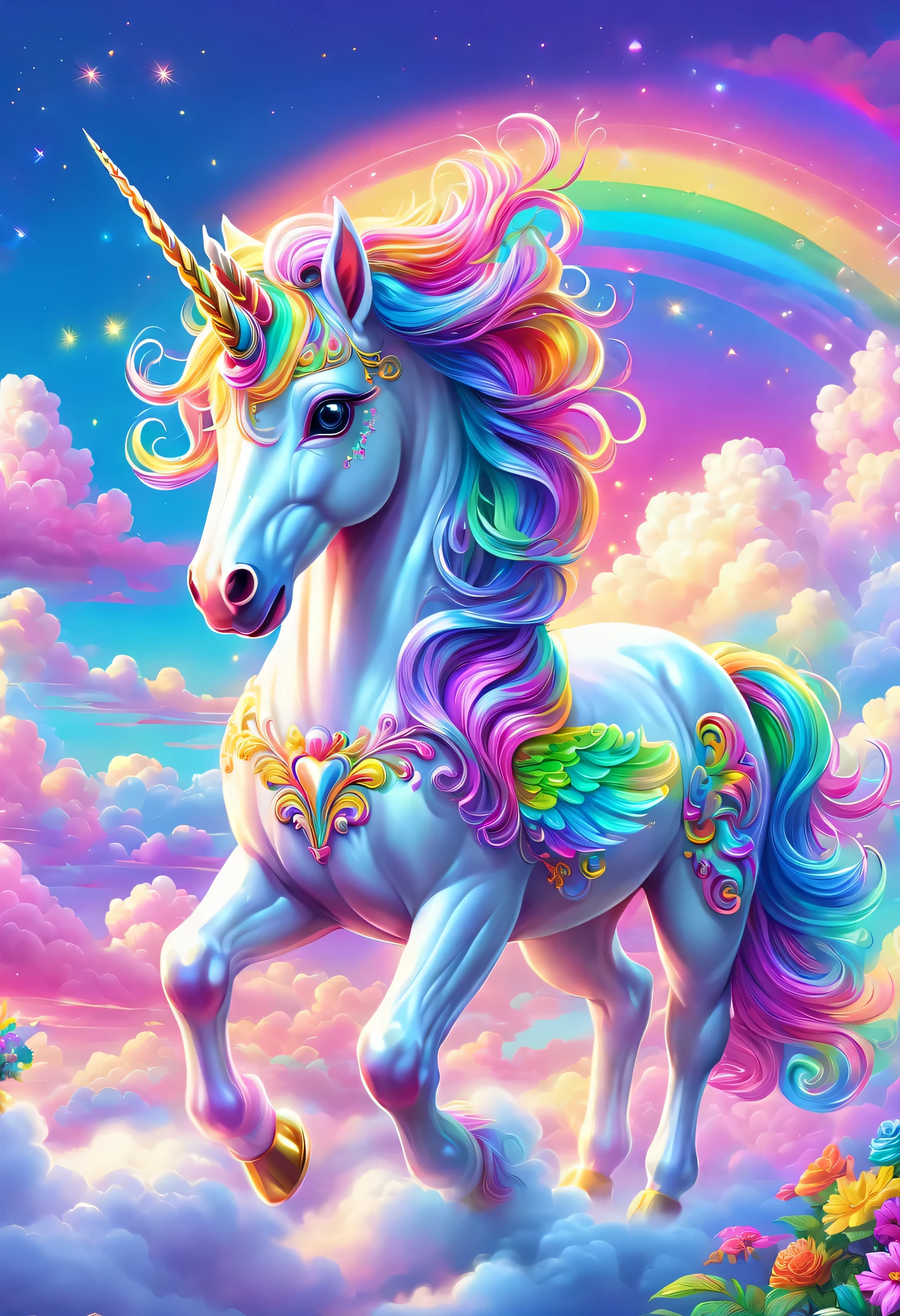 Dreamy sky，Distance，A beautiful unicorn walks among colorful clouds，Colored mane，hapiness，beautiful eyes，Beautiful rainbow，Colored castles。author：Lisa Frank, A masterpiece of bright light, Beautiful ornate digital art