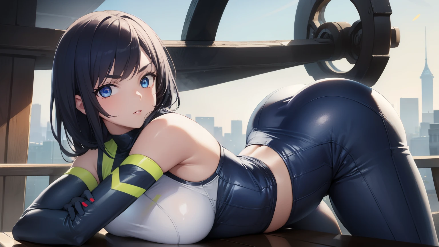 1woman, fit-muscled body, bright yellow eyes,dark blue hair , blue eyes, With round lenses, The audience watched carefully, (s face: 1.2), Perfect female figure, ((standing)), ((yellow Tight crop top leather suit)), ((shy and looking at viewert)), (Perfect thick white eyebrows)
BREAK bare shoulders,
BREAK looking at viewer,
BREAK outdoors, city,
BREAK (masterpiece:1.2), best quality, high resolution, unity 8k wallpaper, (illustration:0.8), (beautiful detailed eyes:1.6), extremely detailed face, perfect lighting, extremely detailed CG, (perfect hands, perfect anatomy),