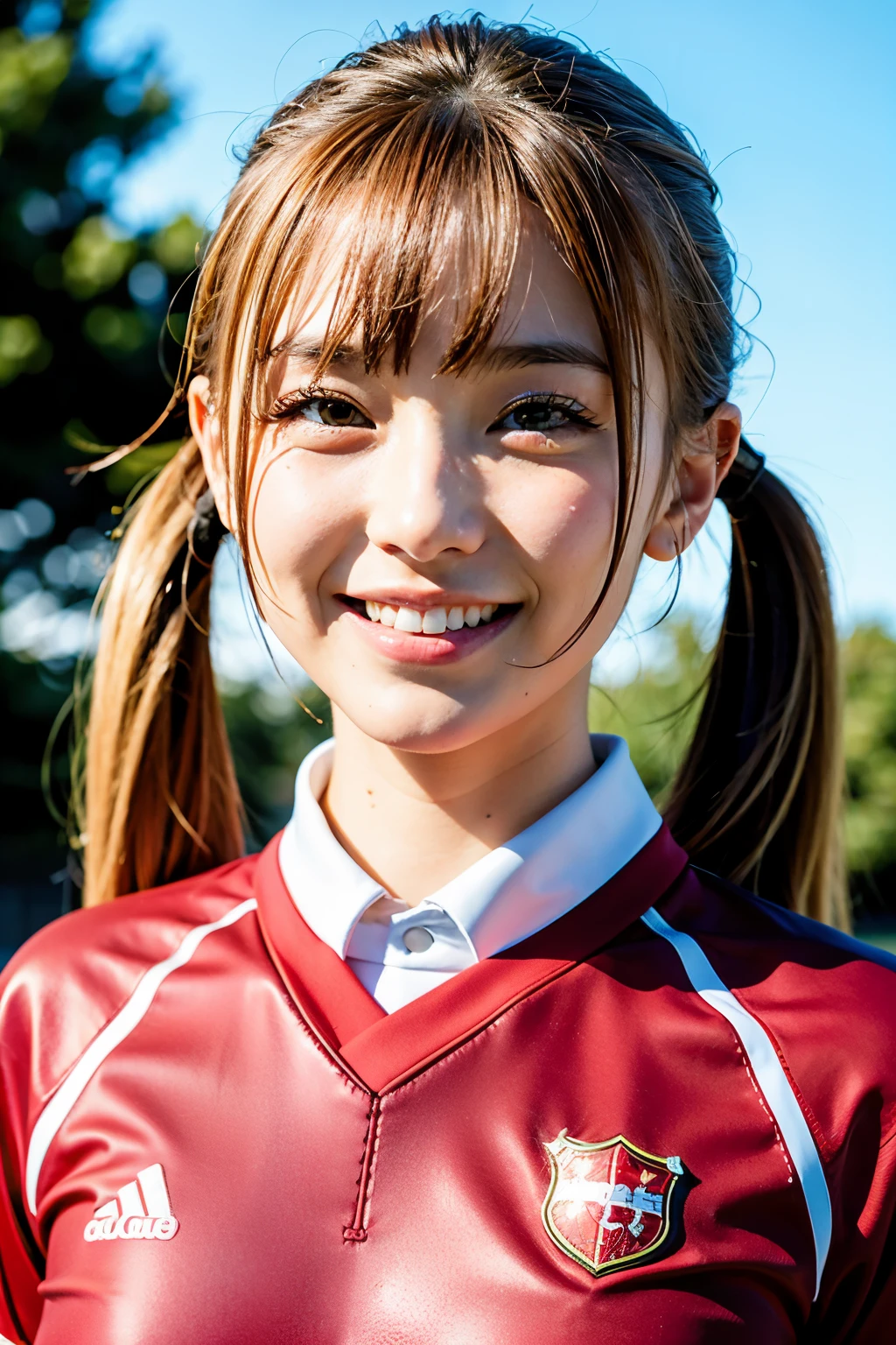 　football uniform,　Soccer ball shiny clothes twintails latex bodysuit, Japanese
(8K, RAW photo), film grain, ultra high resolution, ultra detail, (Super skin details), incredibly absurd, powerful rim light, Asian, slim girl, enchanting smile, Looking at the sky, small, , , blonde hair, ((light brown hair)), (Photoreal: 1.3) dawn, 1 girl, outdoor, (red uniform: 1.2), (urban)))), (highly detailed face), (bangs)　光沢のある服  ラテックスfootball uniform,、cool