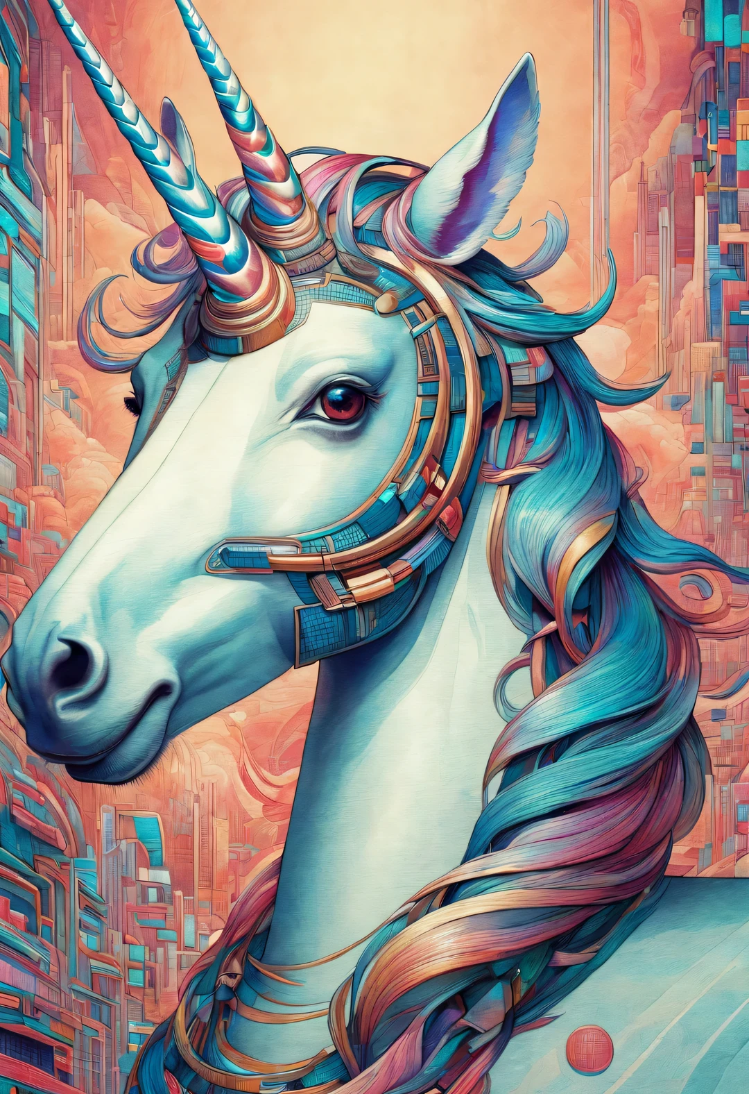 neofuturistic style, （unicorn），Chinese cloisonné blue，portrait, Beautiful detailed