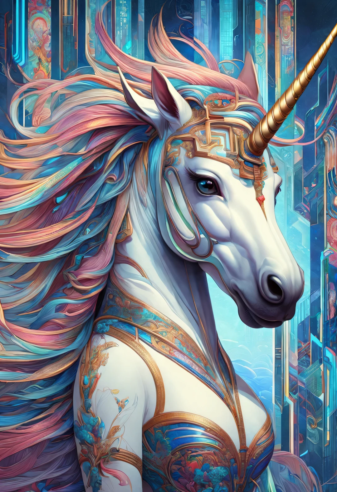 neofuturistic style, (unicorn),Chinese cloisonné blue,portrait, Beautiful detailed