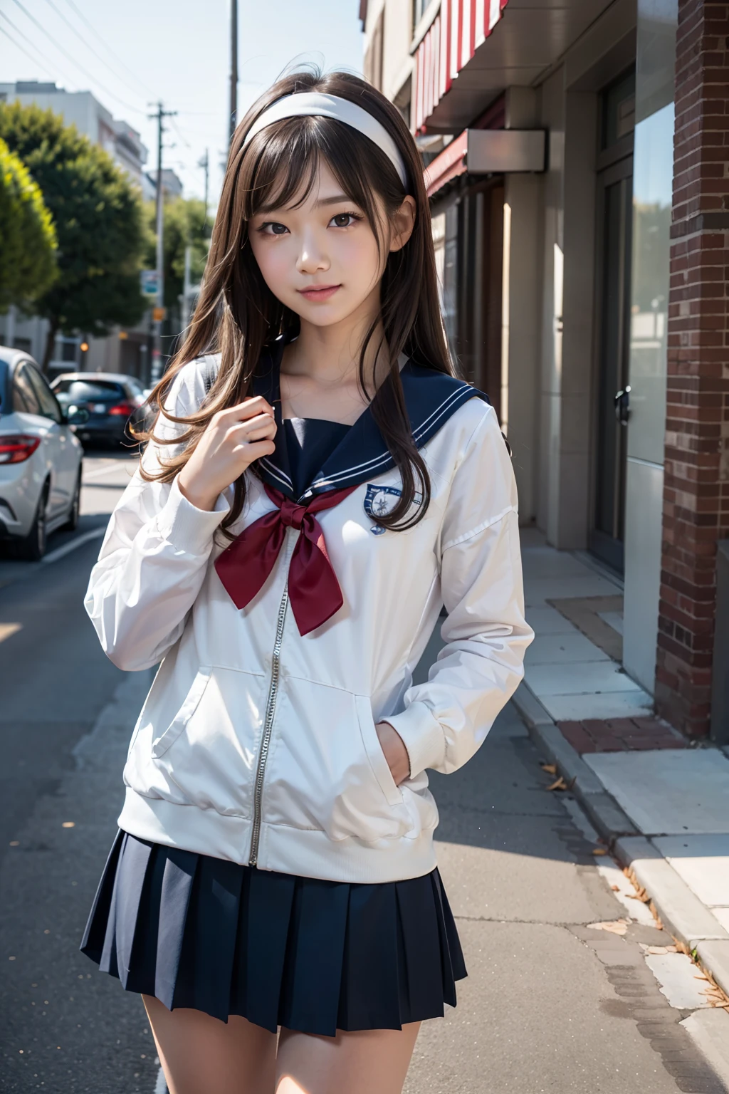 8K, highest quality, masterpiece, Super detailed, ultra high resolution, realistic, RAW photo, absolute resolution, (High-definition CG Unity 8K), (highest quality),(very detailed),(ultra high resolution), black hair, sailor suit, 紺色のsailor suit, sailor suitを着た女子高生, dark blue skirt, 3D rendering, Realistic young girl , ((white headband)), small breasts, expensive, slanted eyes, (school scenery), black stockings, during the day, open your mouth a little, smile, straight hair, long hair, Detailed view of the face, small face compared to body,